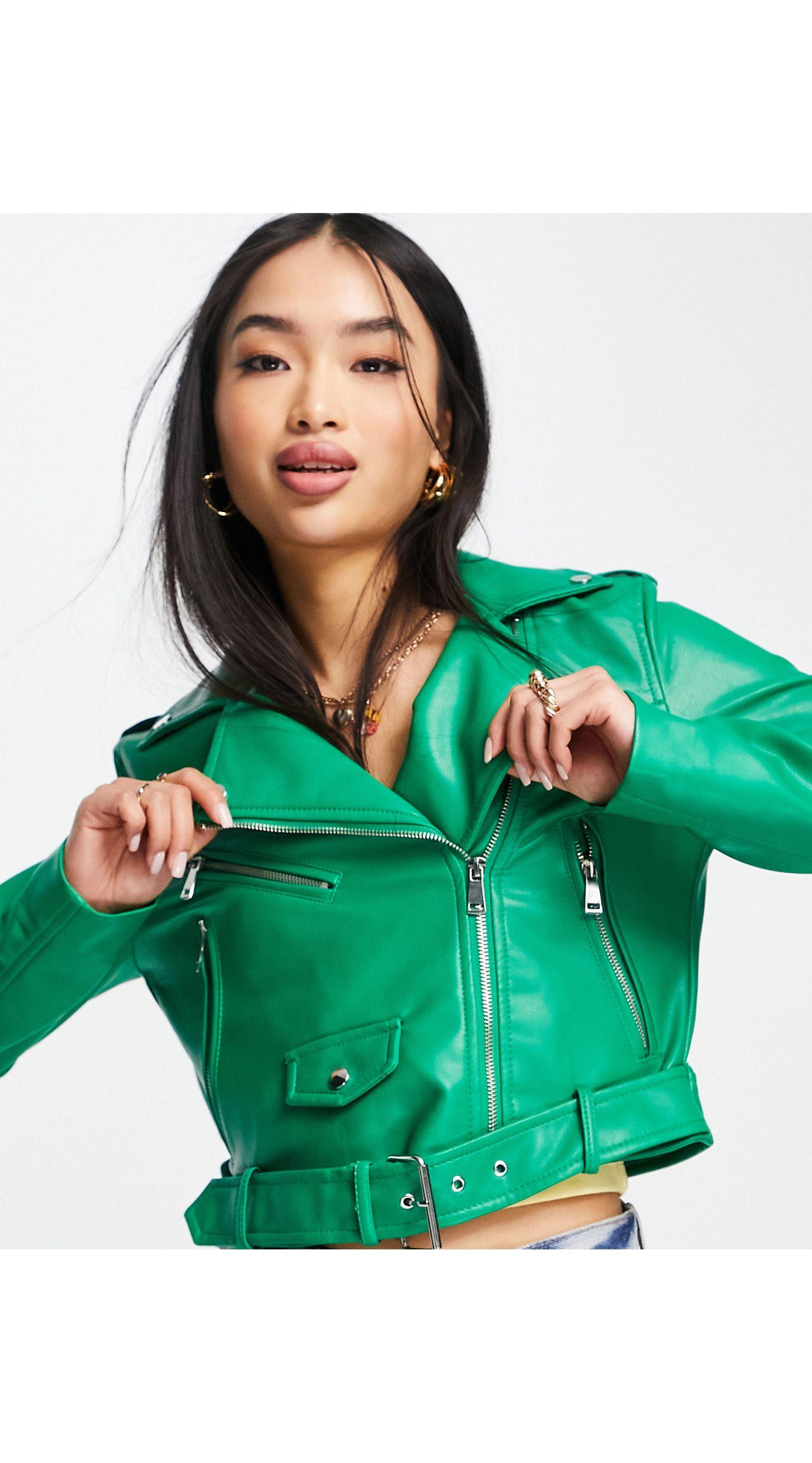 Stradivarius Faux Leather Biker Jacket in Green Lyst UK