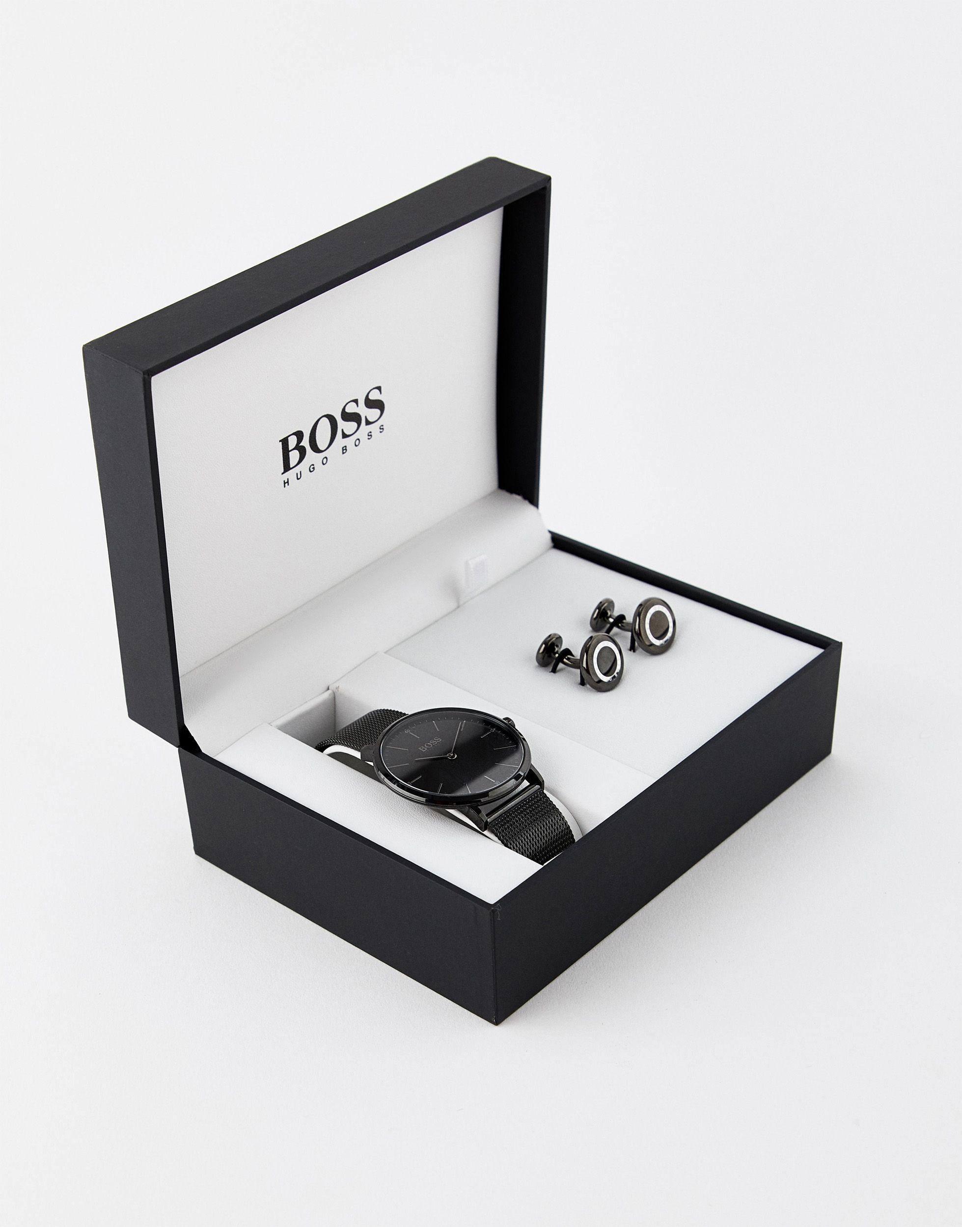BOSS by HUGO BOSS – Geschenkset mit Netzarmbanduhr und Manschettenknöpfen  in Grau für Herren | Lyst DE