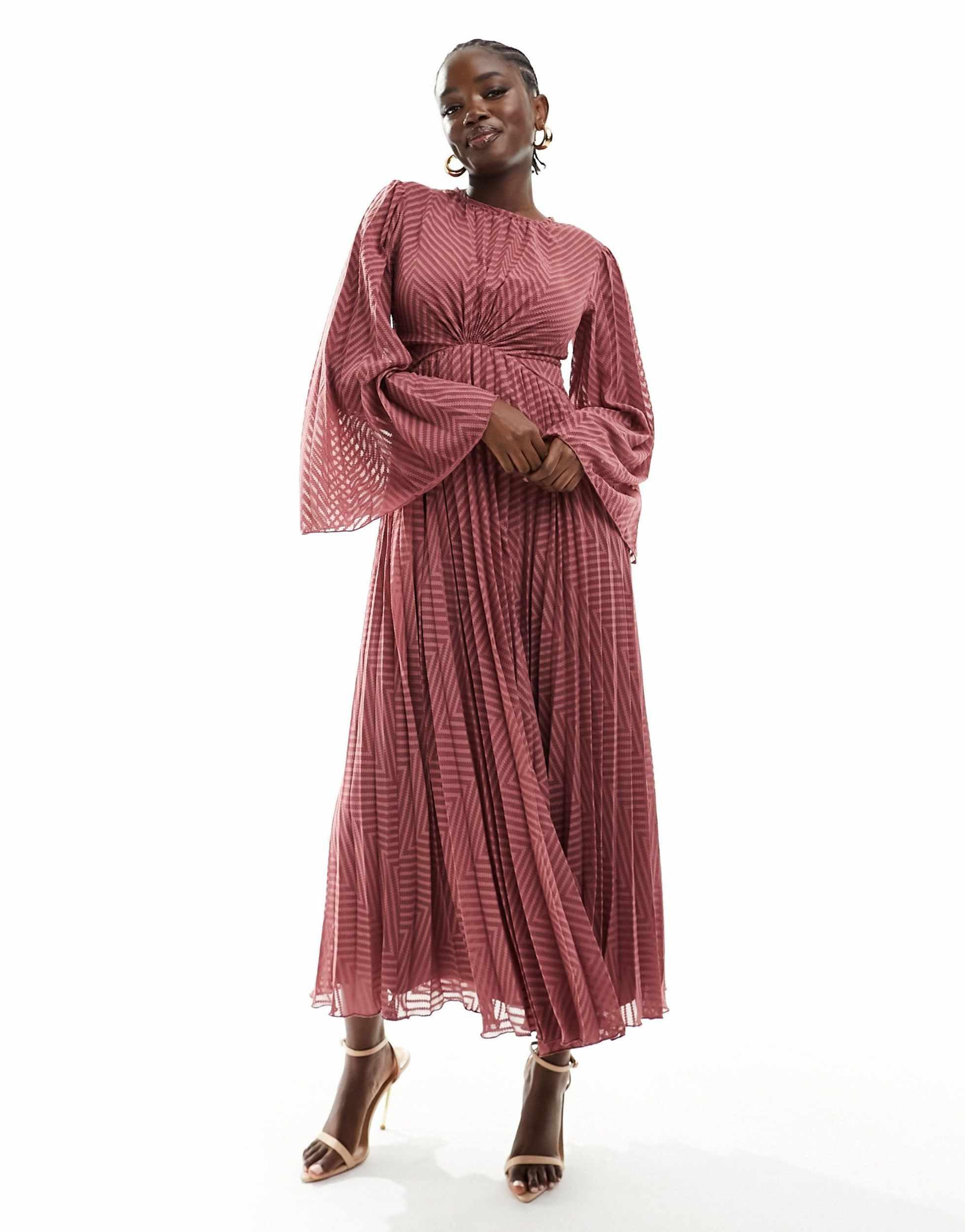 asos design embroidered pleated midi dress with fluted sleeve ASOS DESIGN Curve lace insert pleated midi dress with embroidery in forest green