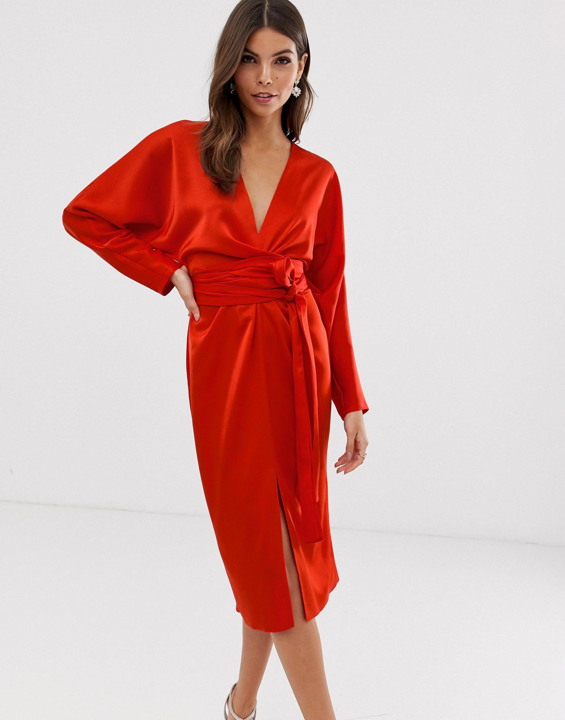 ASOS Satin Midi Dress With Batwing Sleeve And Wrap Waist in Red | Lyst