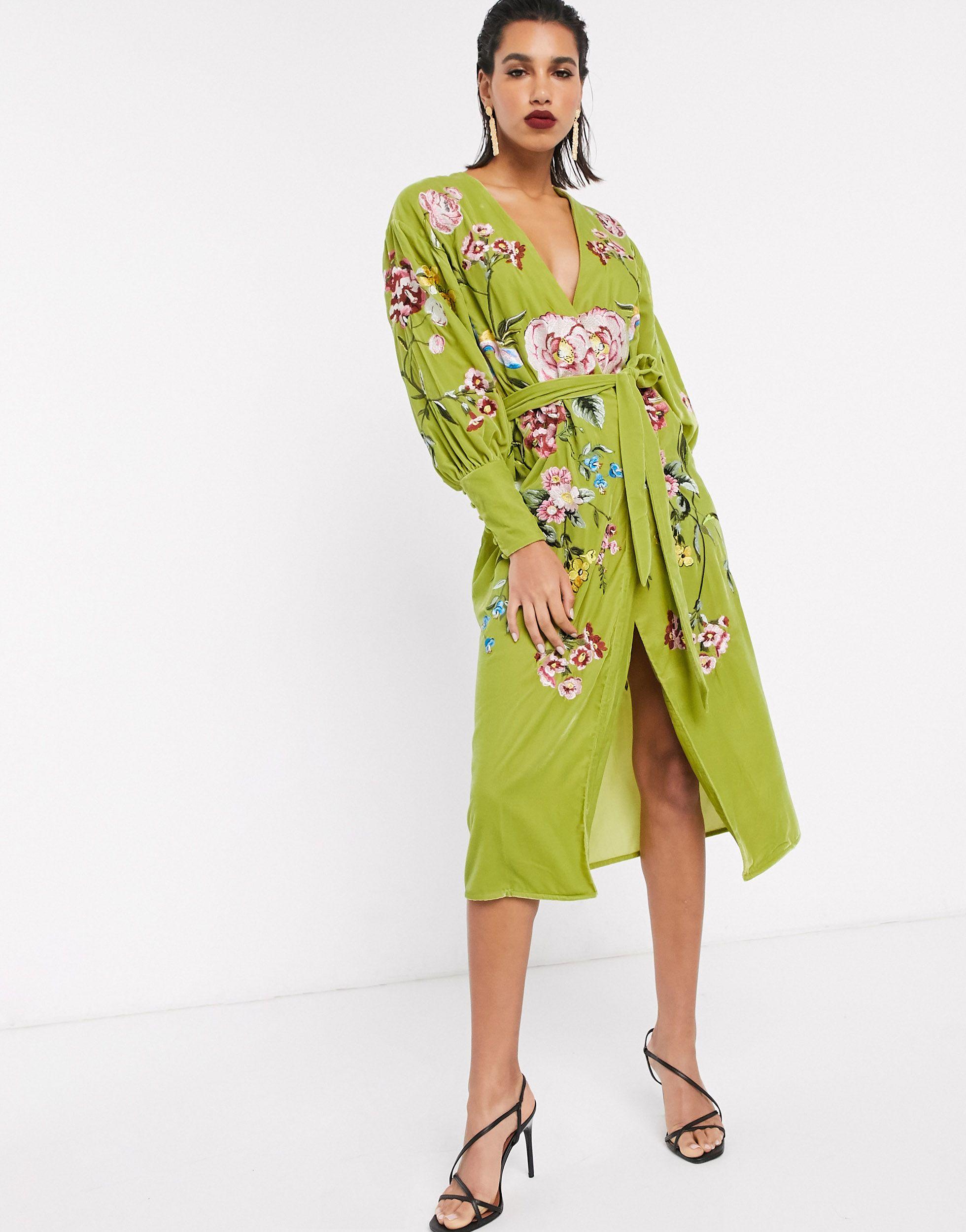 ASOS Embroidered Velvet Wrap Midi Dress-green | Lyst