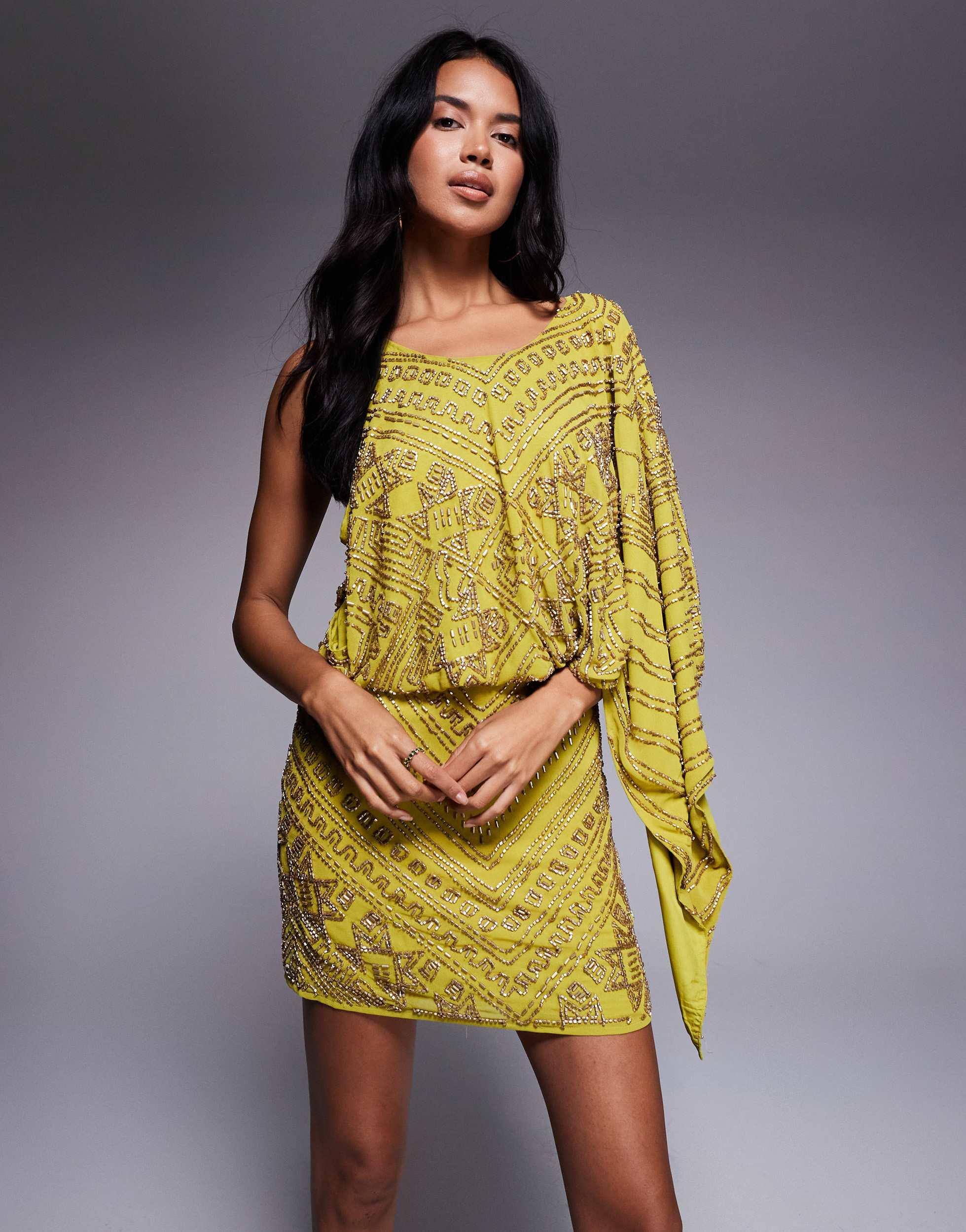 ASOS Asymmetric Cape Detail Allover Embellished Mini Dress in Yellow | Lyst ASOS Asymmetric Cape Detail Allover Embellished Mini Dress in Yellow | Lyst