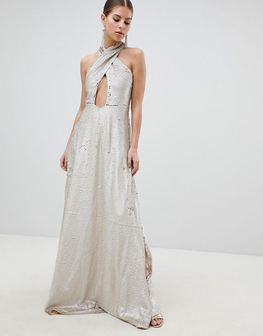 club l fully embellished sequin wrap front maxi dress