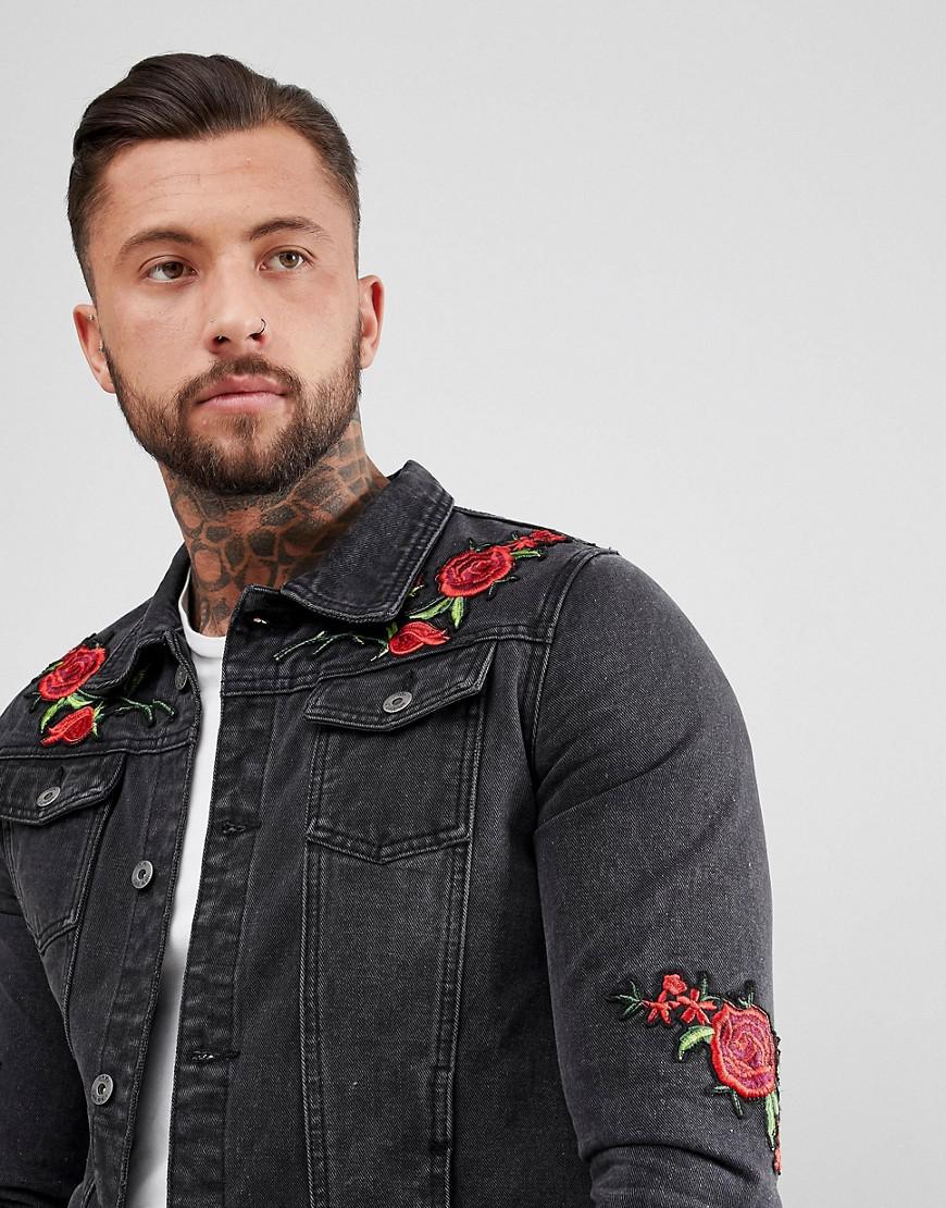black denim jacket mens embroidered
