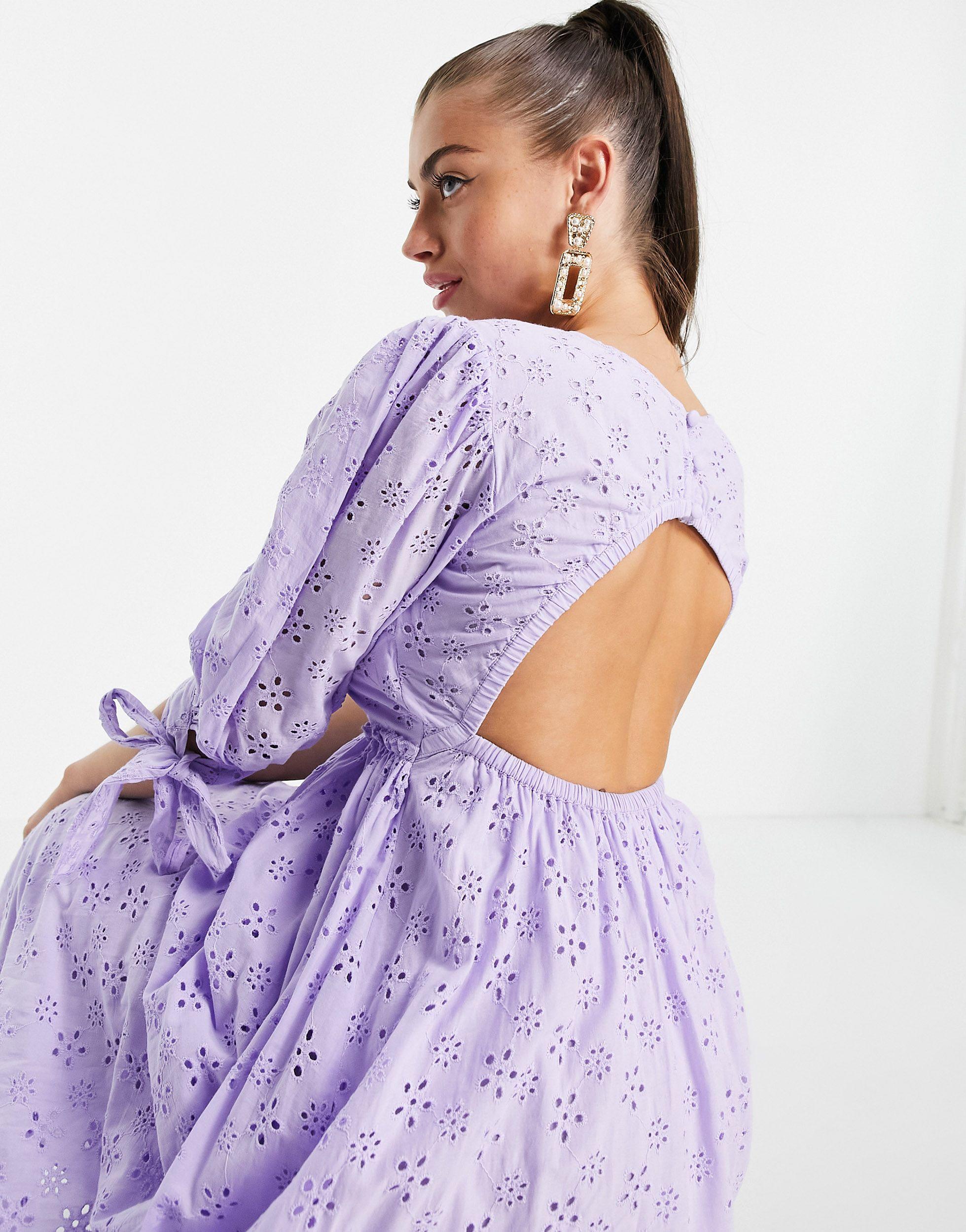 ASOS Broderie Maxi Smock Dress With Open Back in Purple | Lyst UK