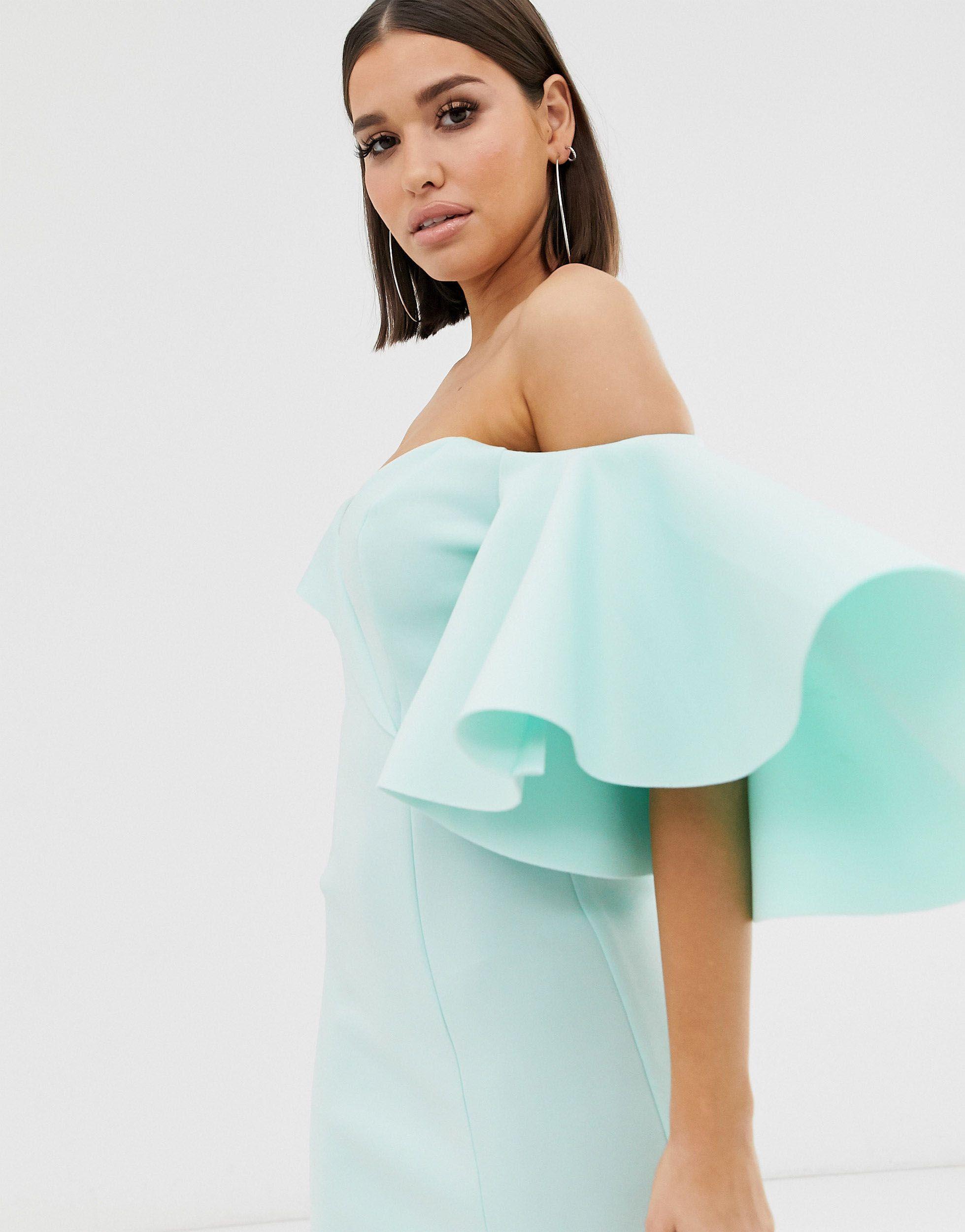 cape flutter bardot midi dress