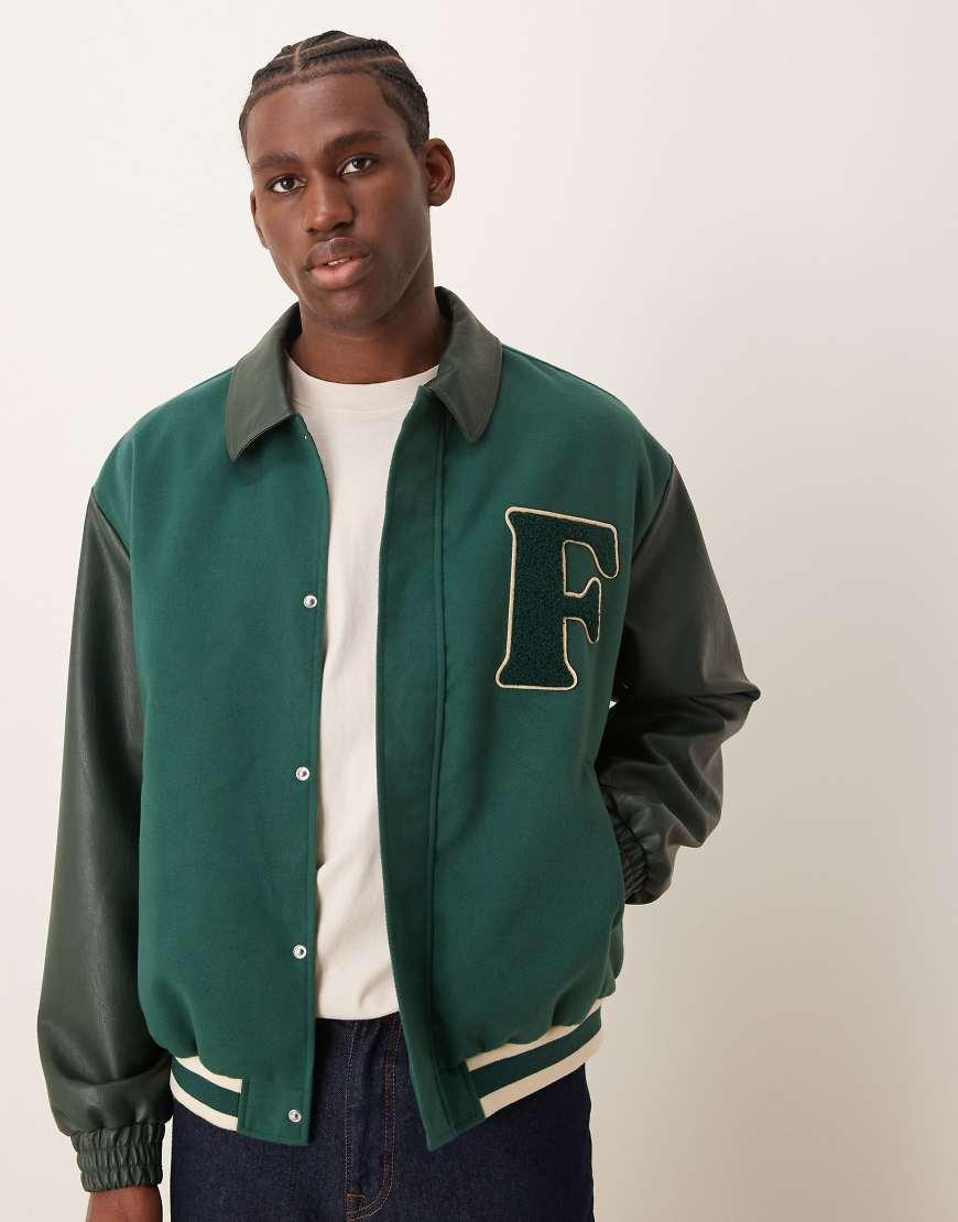 Faux Leather Sleeves Letterman Baseball Jacket AWDis Hoods