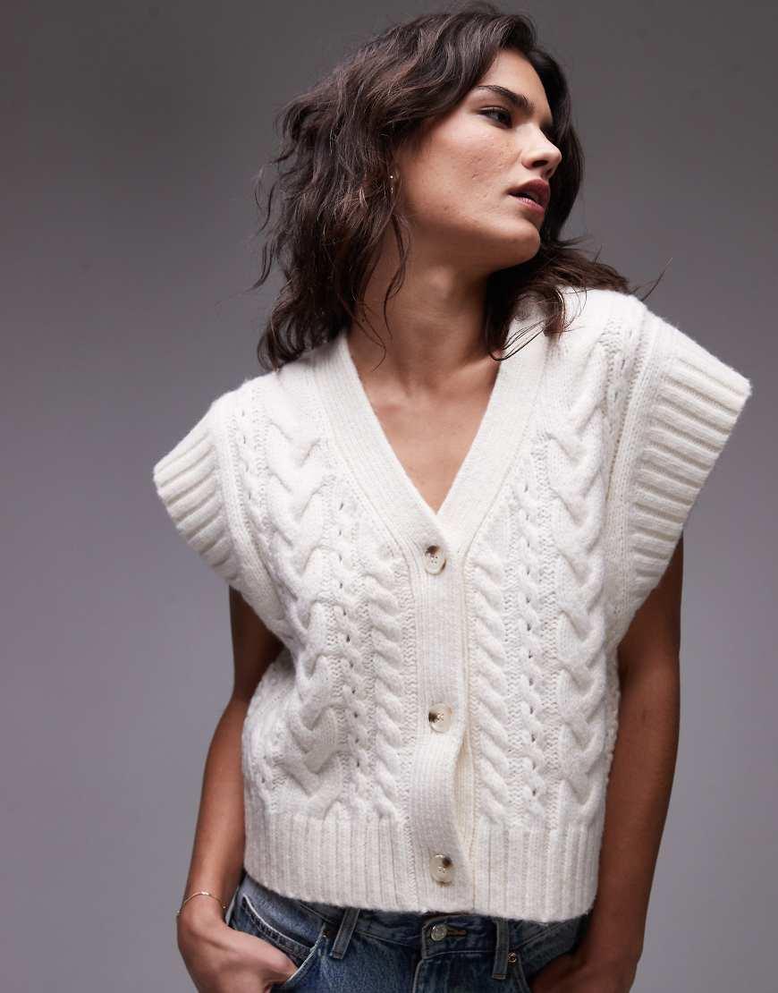 TOPSHOP Knitted Oversized Cable Waistcoat in White Lyst UK