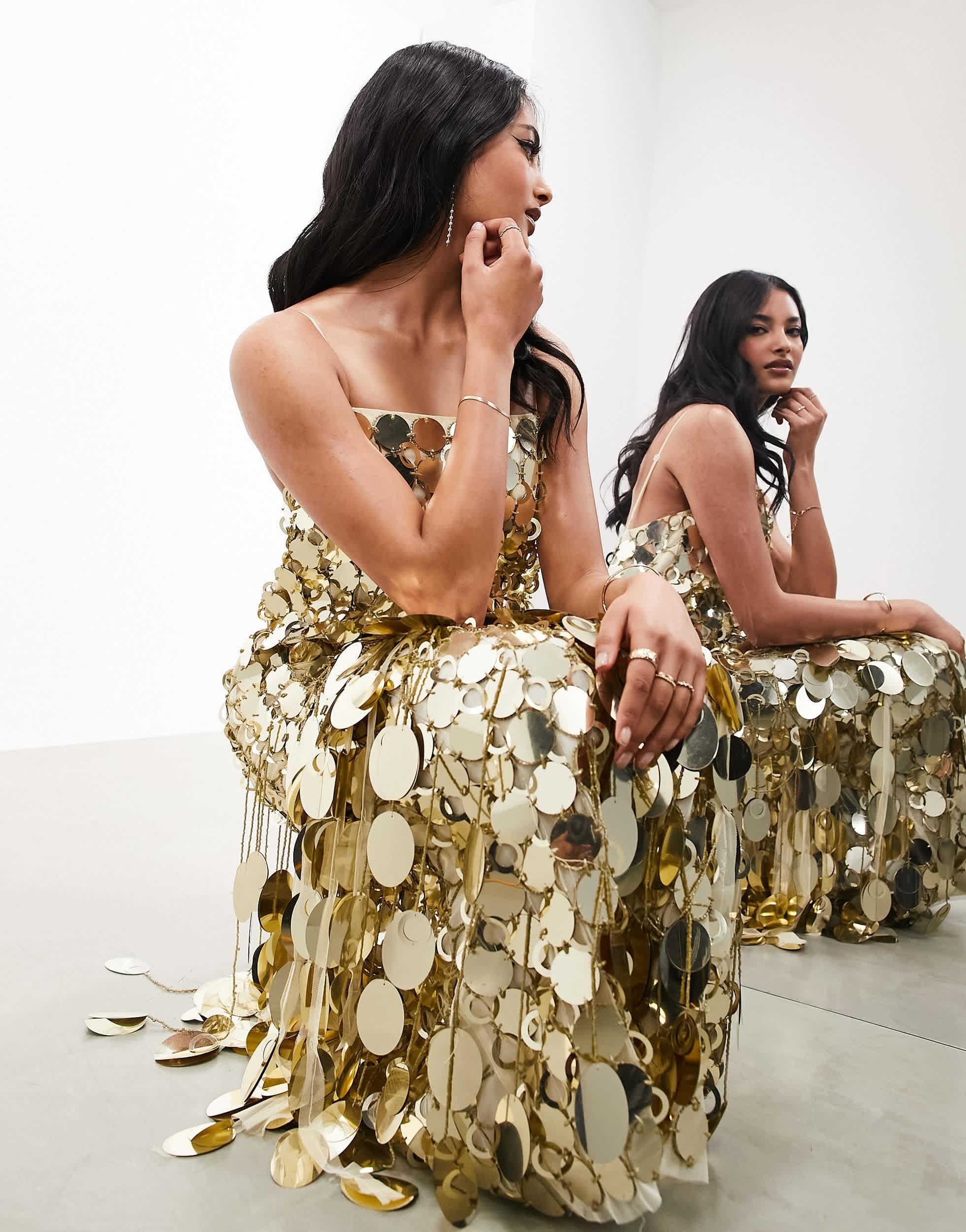 Sequin Kleid Gold Asos ASOS DESIGN Sequin Super Plunge Maxi Dress In Gold