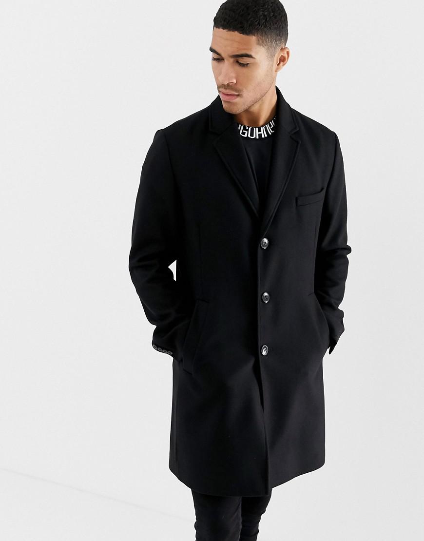 HUGO Malte Wool Overcoat In Black for Men - Lyst