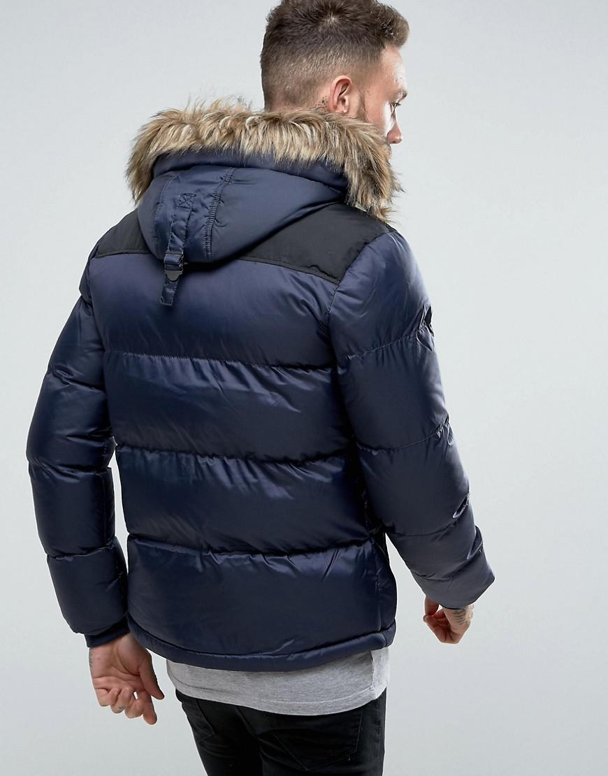 mens navy puffer jacket with fur hood