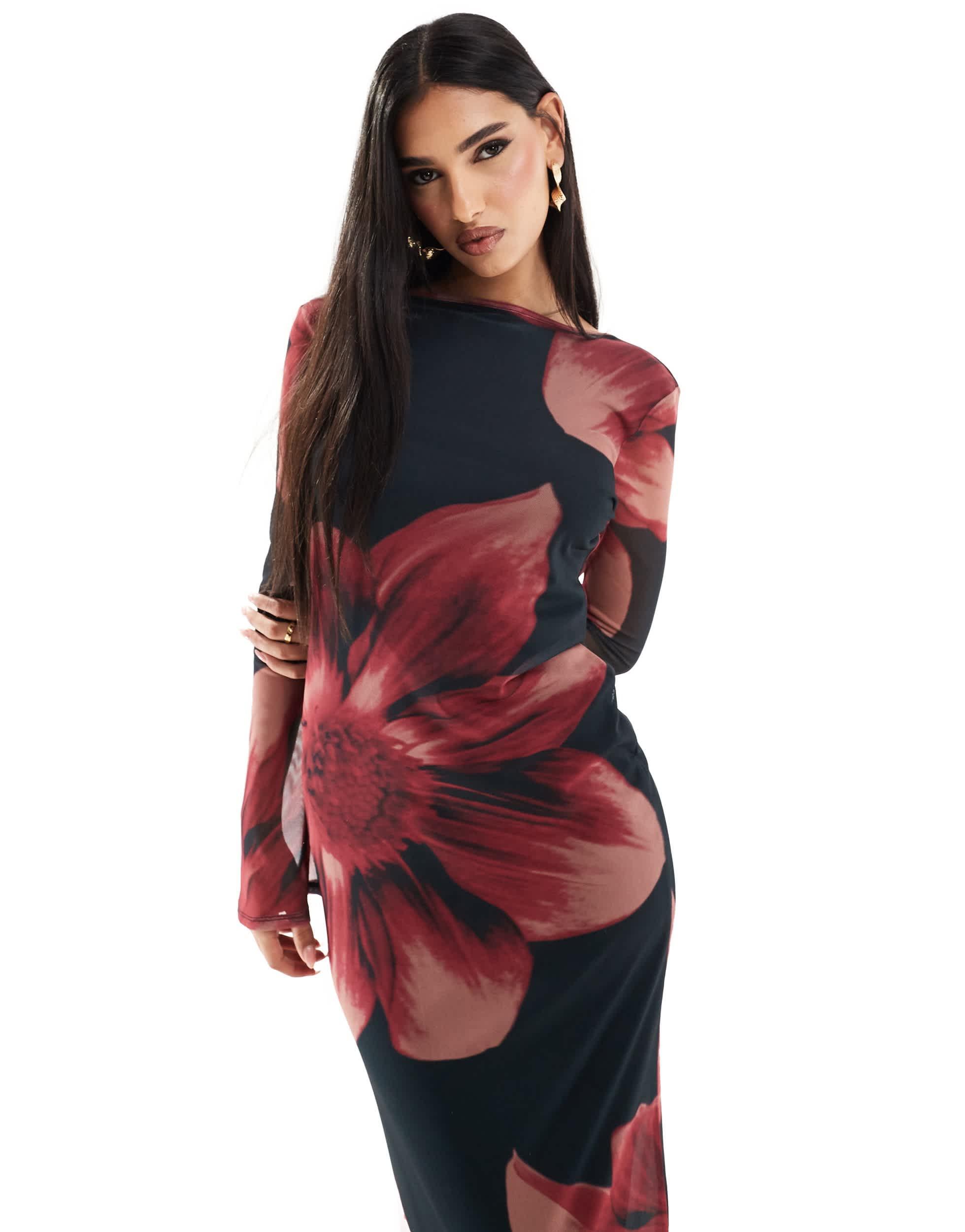 Robe longue en tulle a fleurs roses avec dos echancre et manches ange ASOS en coloris Rouge Lyst
