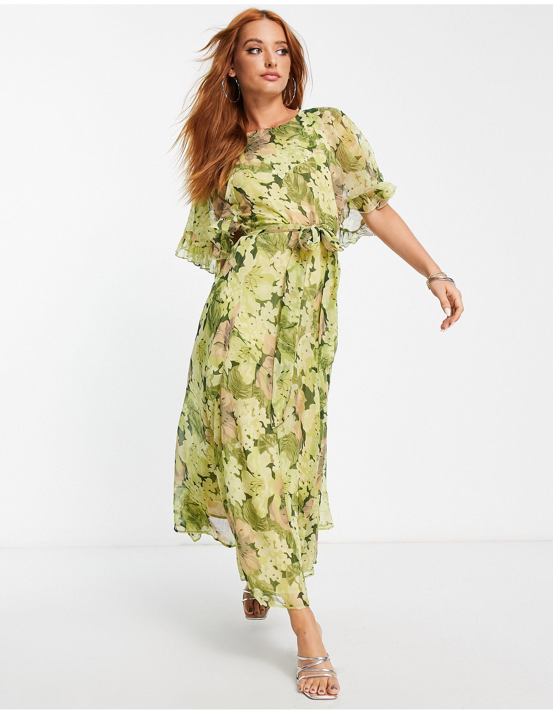 TOPSHOP Ruffle Belted Floral Occasion Midi Dress in Green | Lyst
