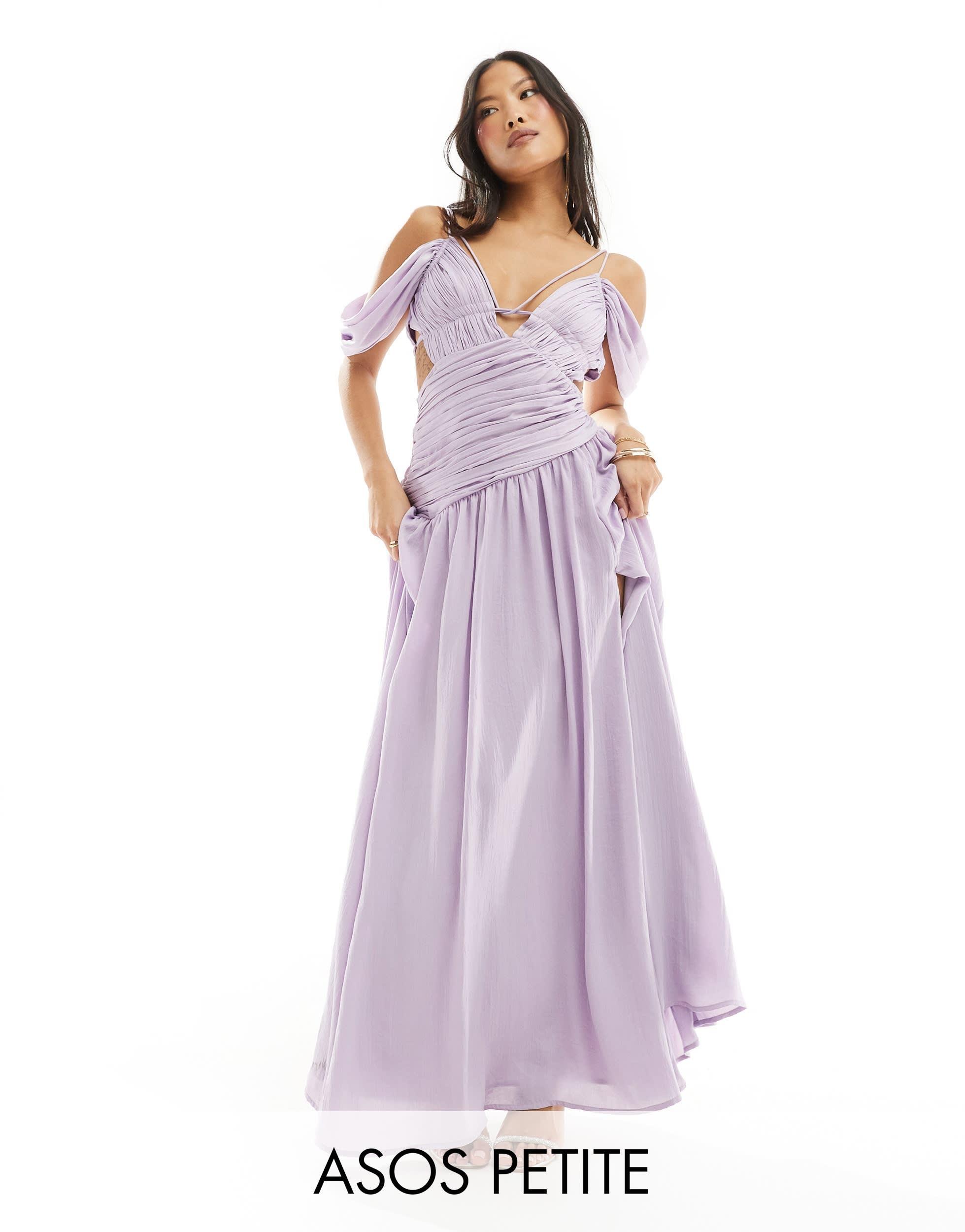 Asos design petite robe longue froncee a decoupe et epaules tombantes lilas ASOS en coloris Violet Lyst