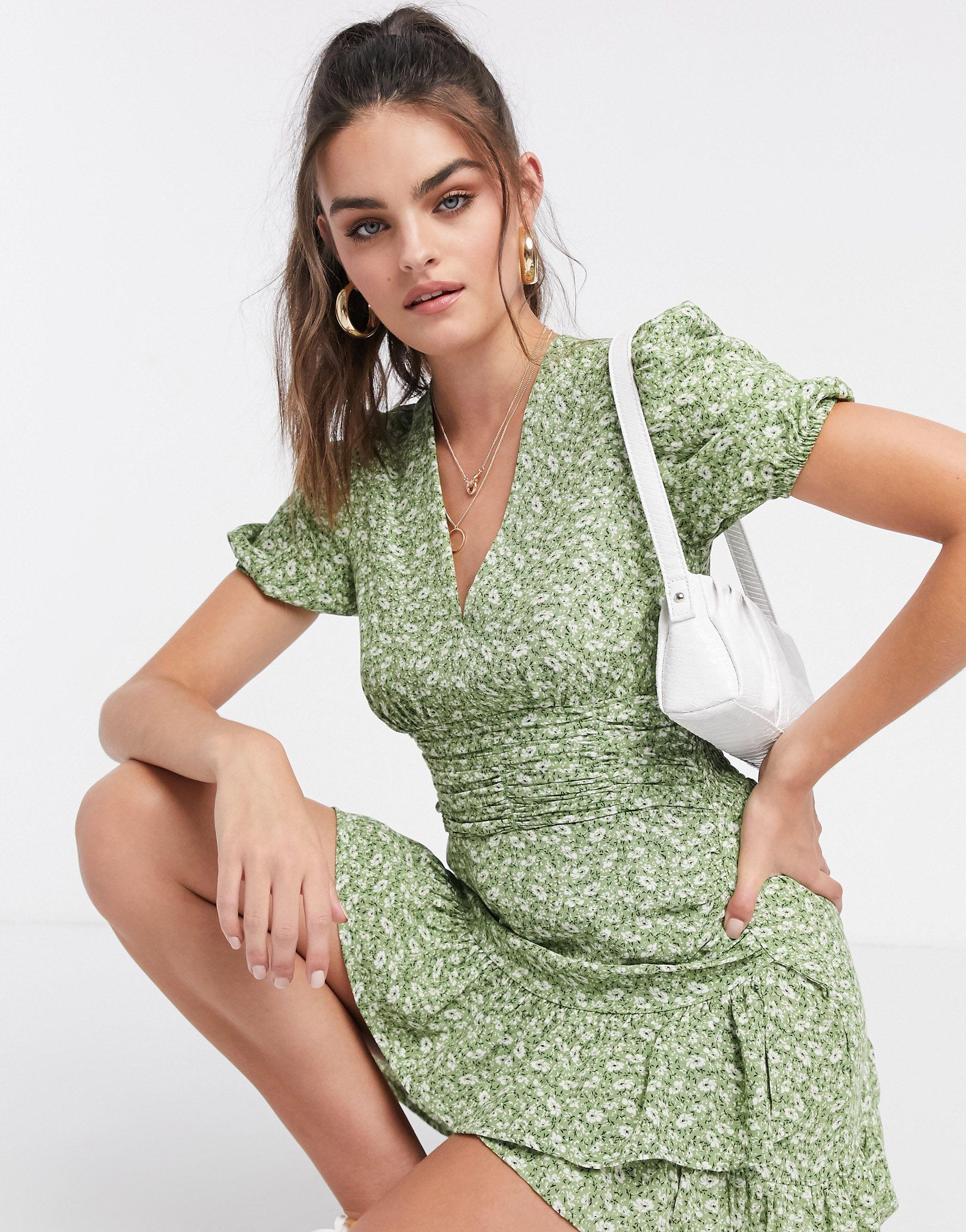 stradivarius green dress Stradivarius milkmaid poplin dress with puff sleeves in green gingham