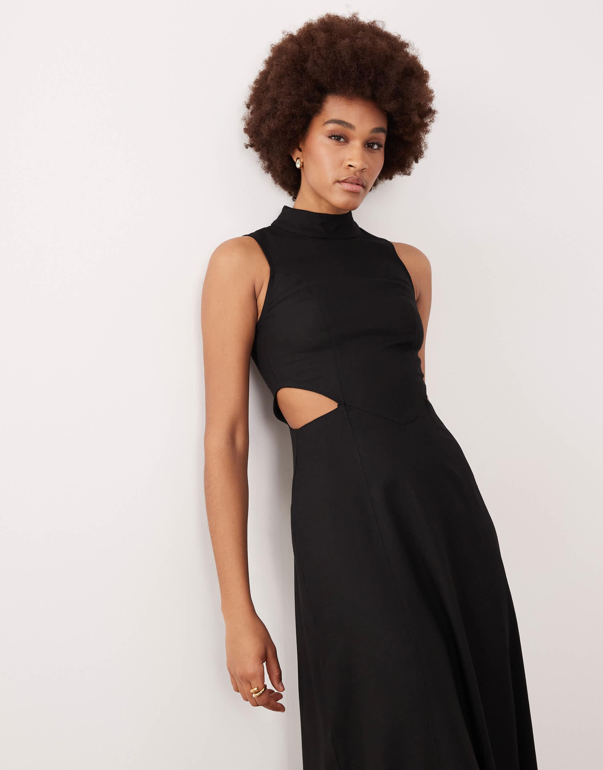 ASOS Asos Design Tall High Neck Linen Look Midaxi Dress With Cutout Waist  in Black | Lyst
