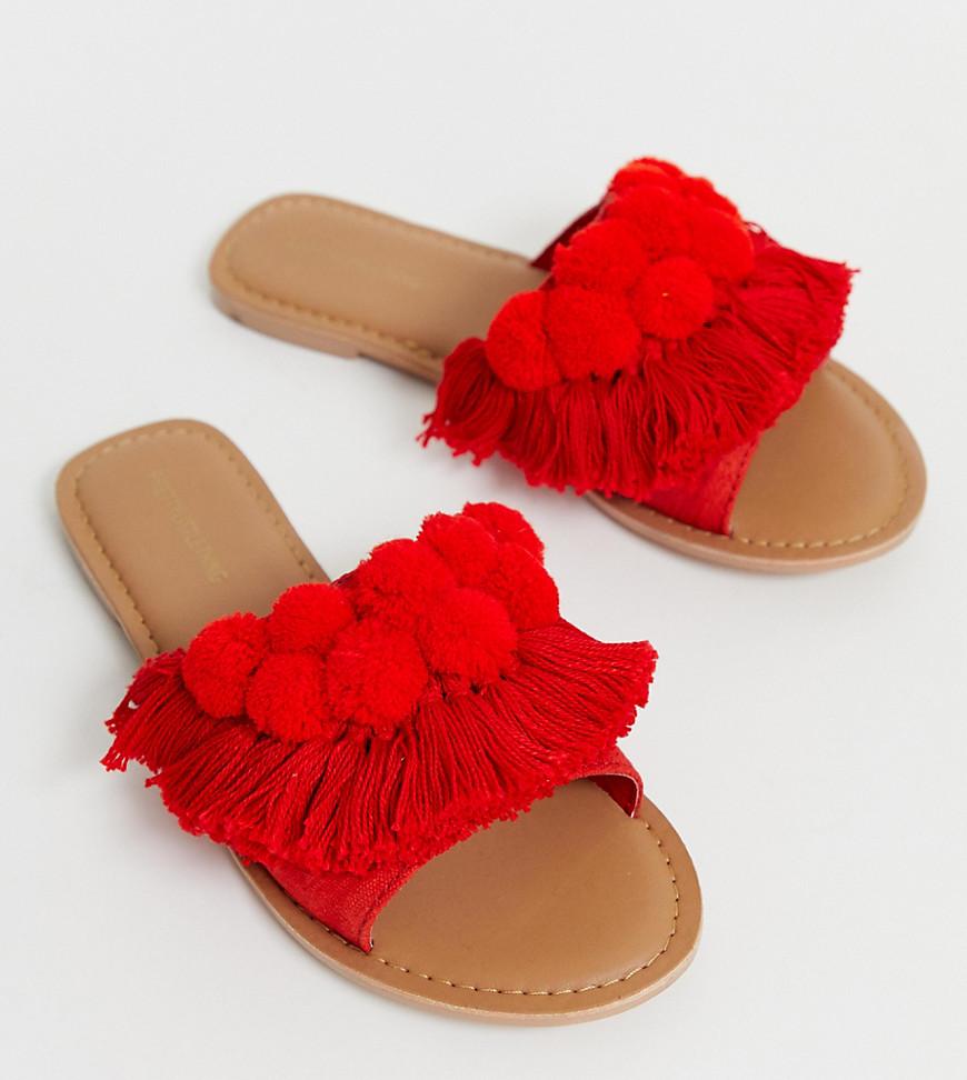 PrettyLittleThing Flat Sandals With Fringe And Pom Pom Detail in Red | Lyst  Canada