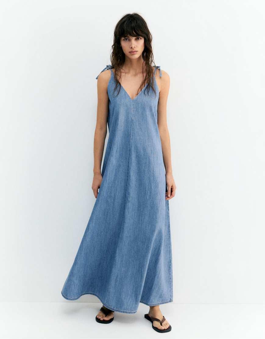 fitted lace wedding dress Rosetta Strappy Denim Maxi Dress Denim / Large main image 0