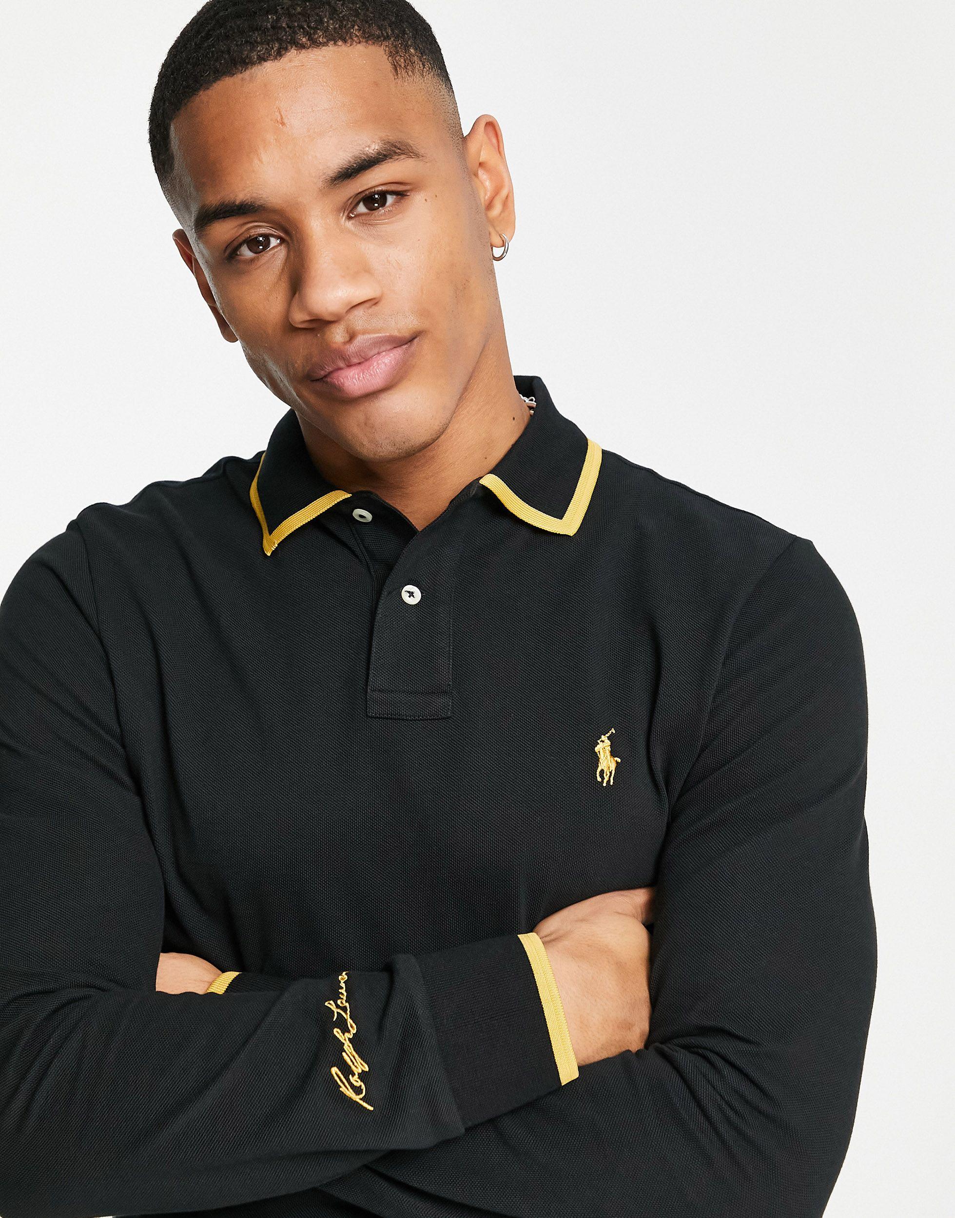 Polo Ralph Lauren Gold Icon Tipped Long Sleeve Pique Polo Custom Fit in  Black for Men | Lyst