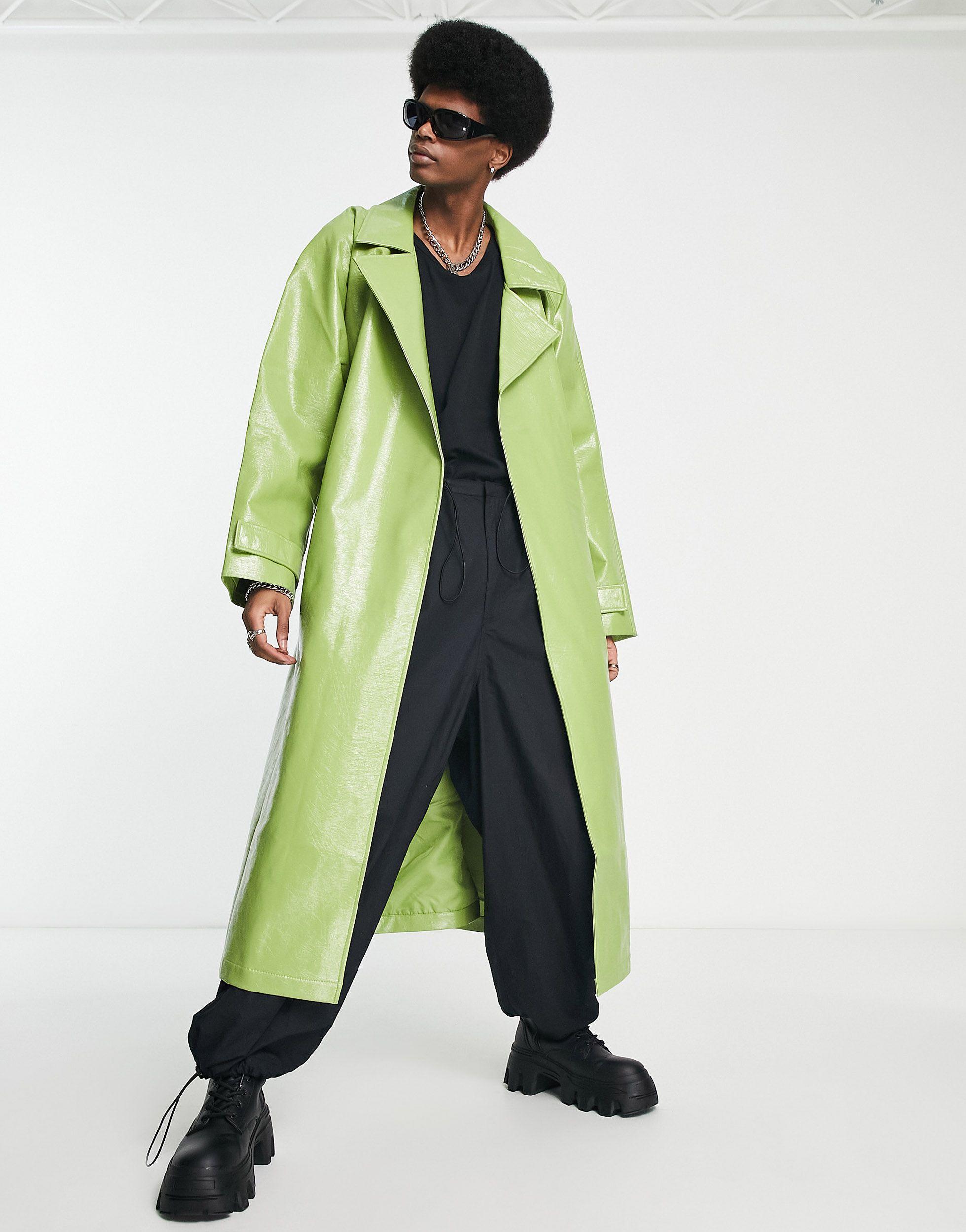 ASOS Extreme Oversized Faux Leather Trench Coat in Green for Men Lyst UK