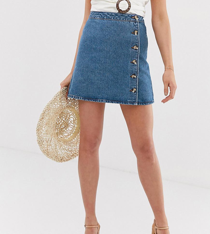 ASOS Asos Design Tall Denim Wrap Skirt With Buttons In Midwash Blue in