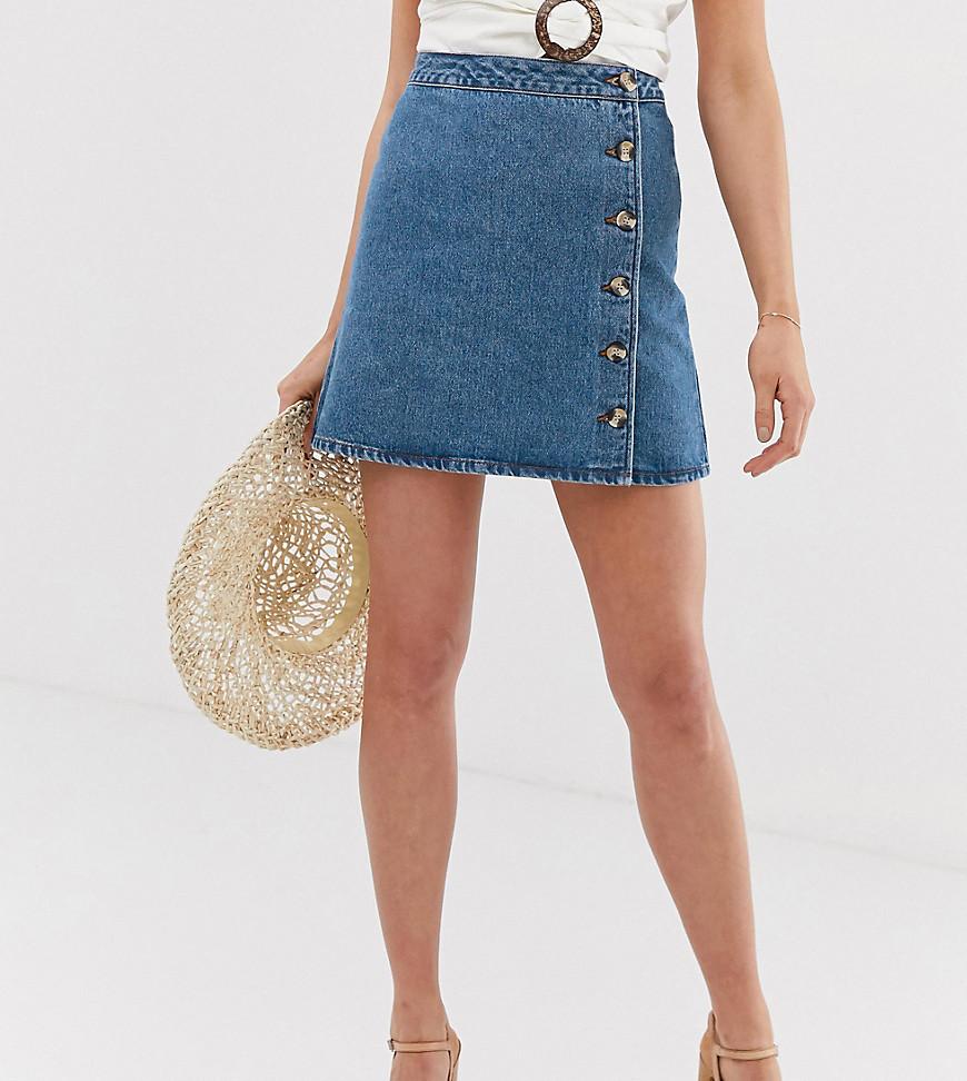 ASOS Asos Design Tall Denim Wrap Skirt With Buttons In Midwash Blue in Blue Lyst