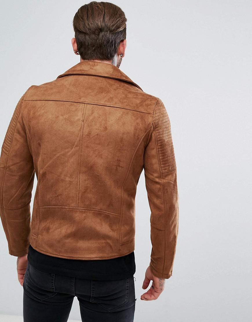 ASOS Faux Suede Biker Jacket In Tan in Brown for Men - Lyst