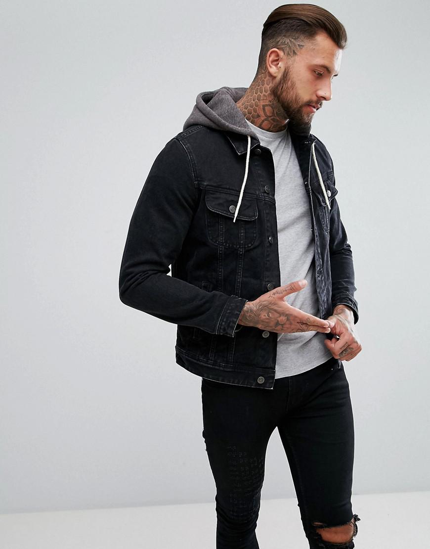 black hoodie under denim jacket