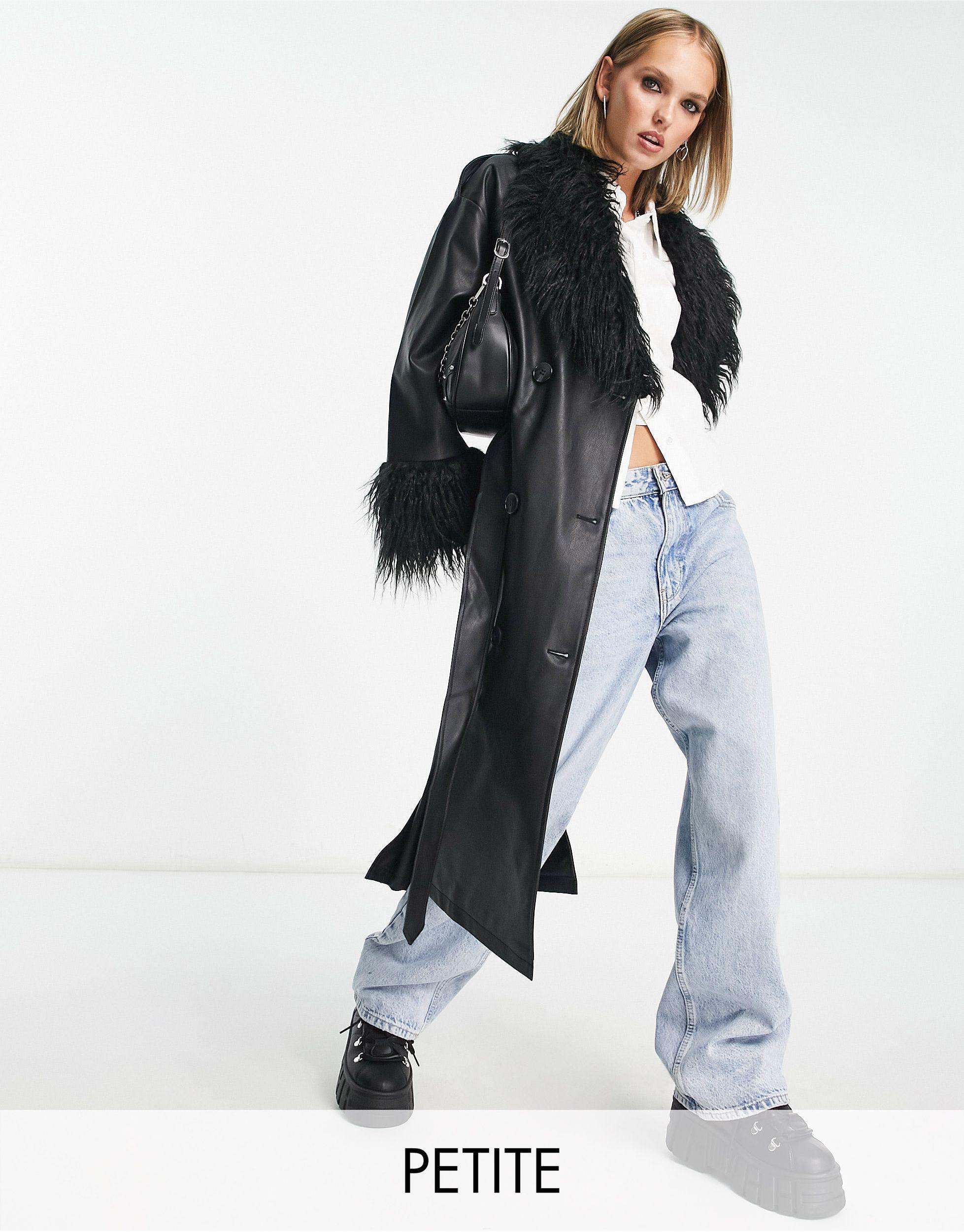 Urbancode Longline Pu Trench Coat With Faux shaggy Fur Collar in White