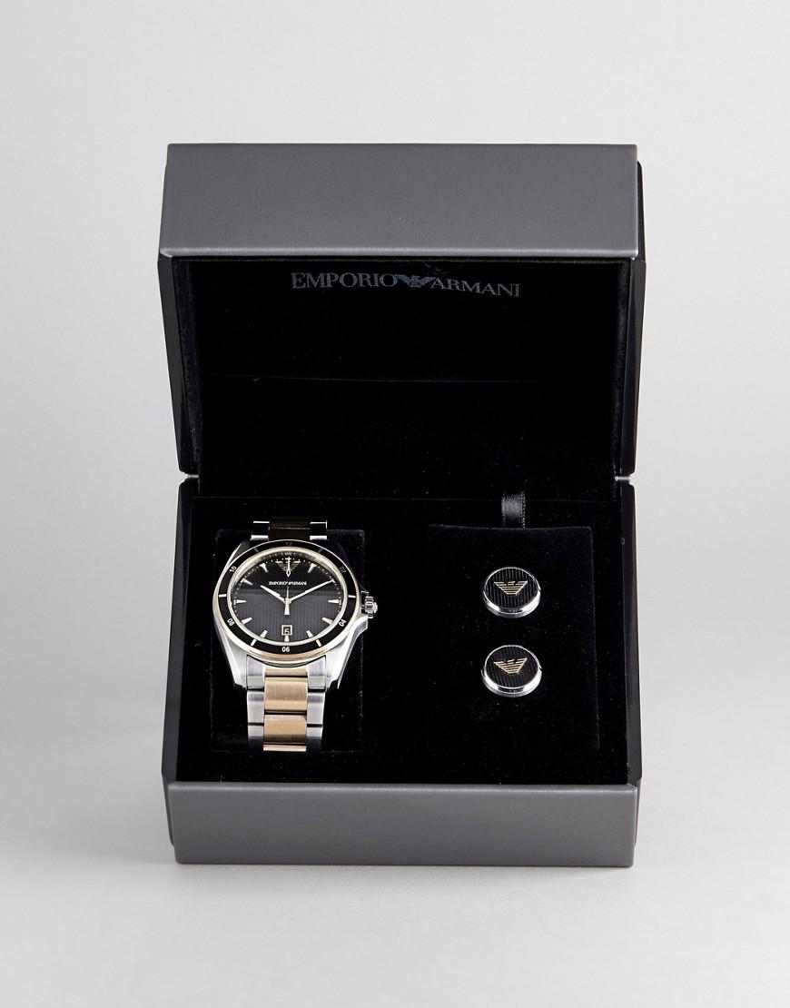 emporio armani Silver Ar80017 Bracelet Watch Cufflinks Gift Set In Mixed Metal