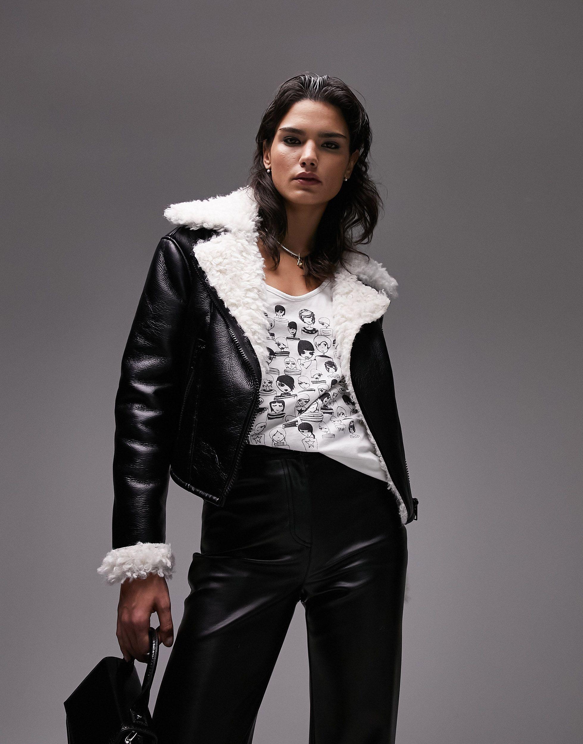 Faux Fur Lined Leather Shearling Moto Jacket