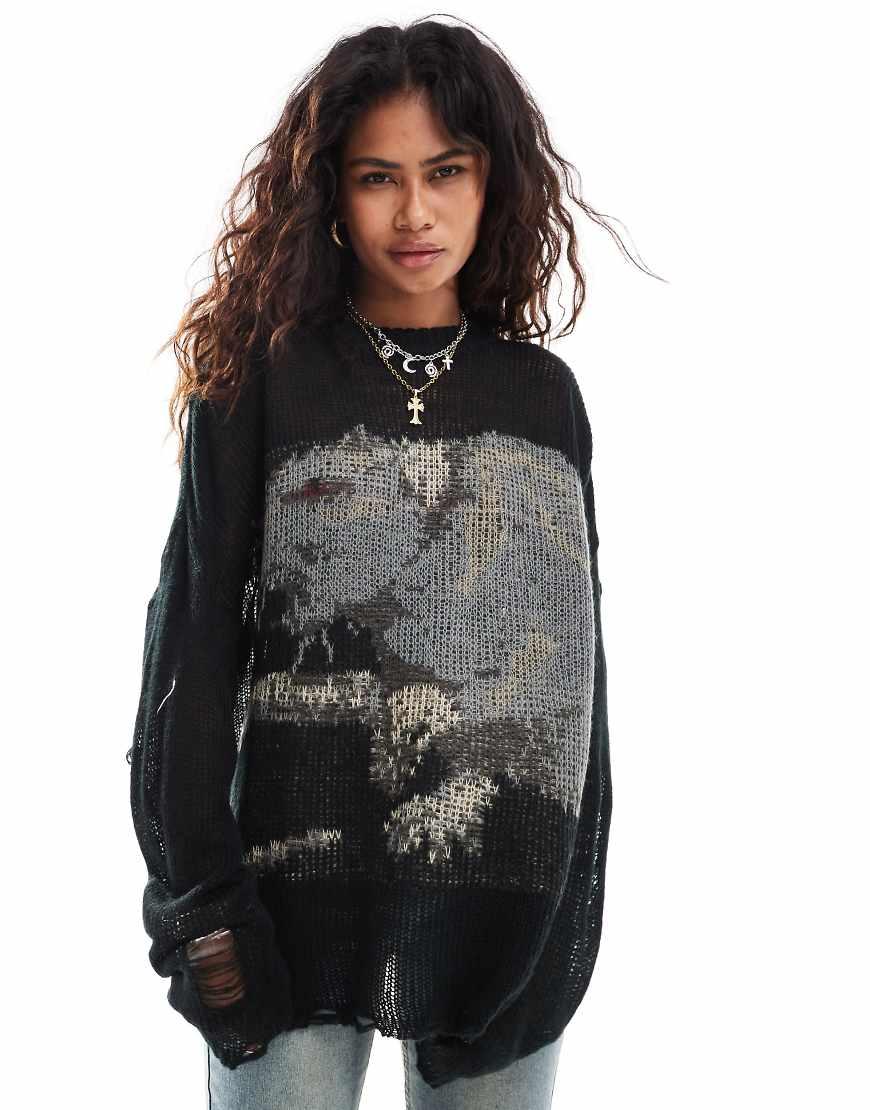 The Ragged Priest Oversized Jumper With Rat Artwork in Black Lyst UK