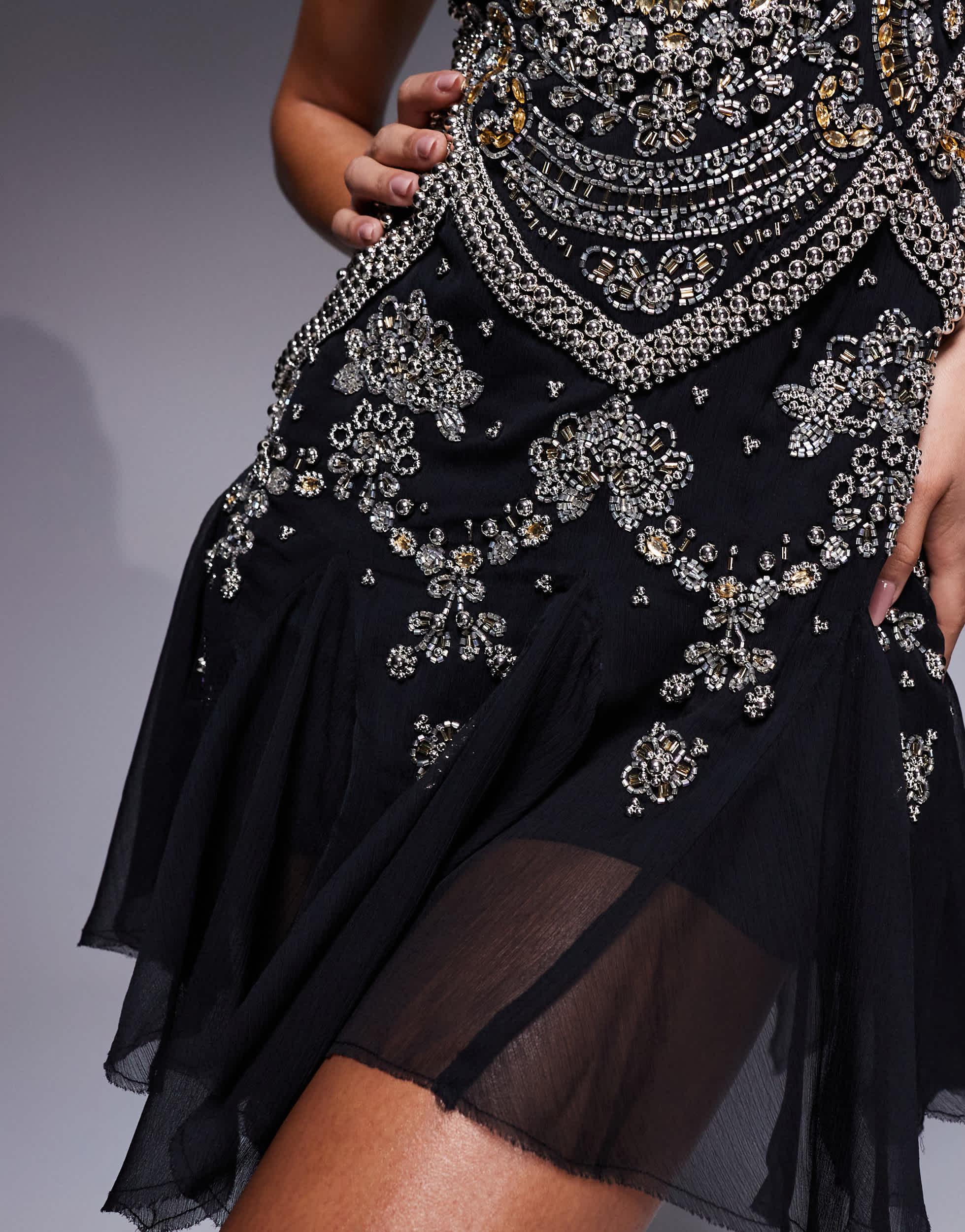 embellished cami mini dress with flippy hem in black Asos Design Embellished Camisole Mini Dress With Flippy Hem In Black