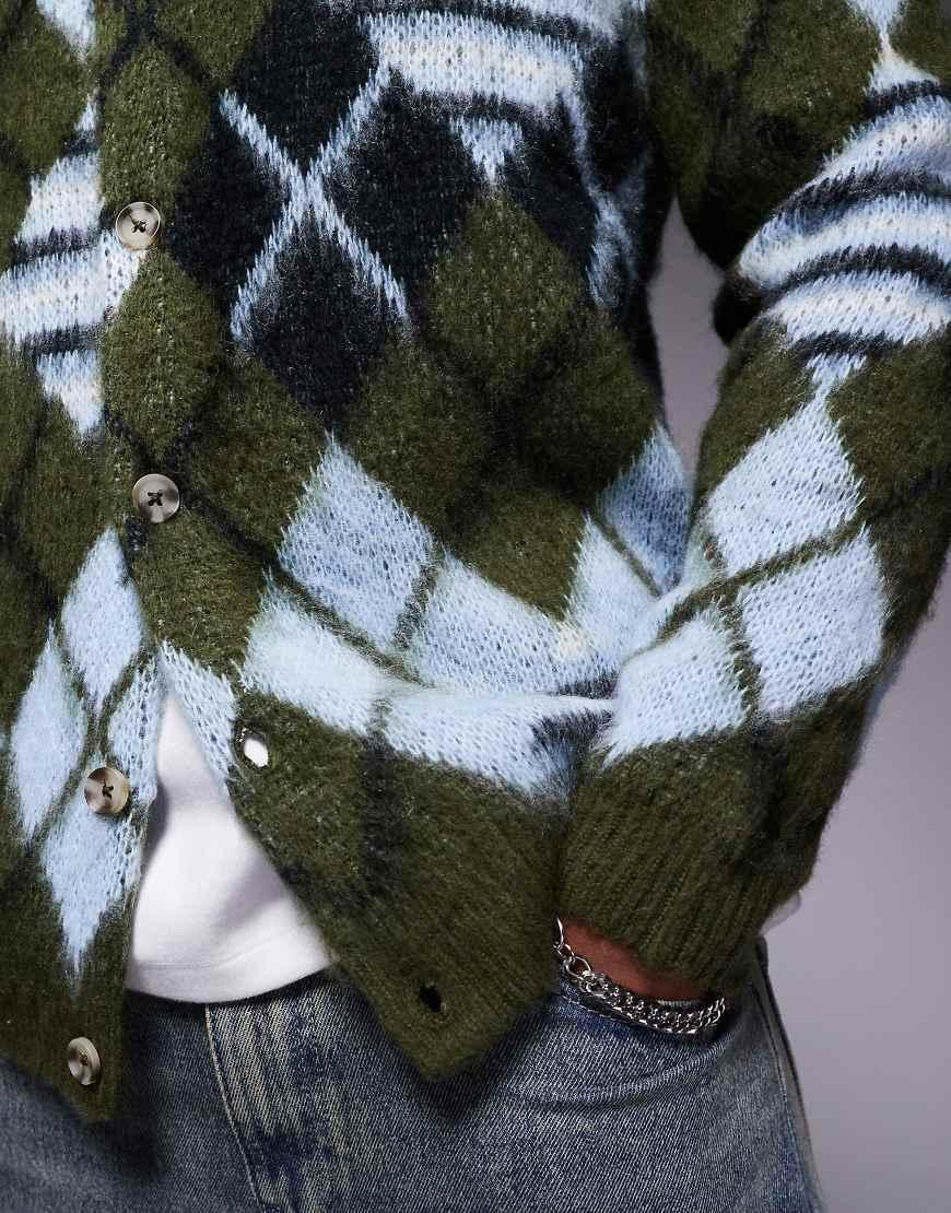 ASOS Fluffy Knitted Cardigan With Argyle Pattern in Blue for Men