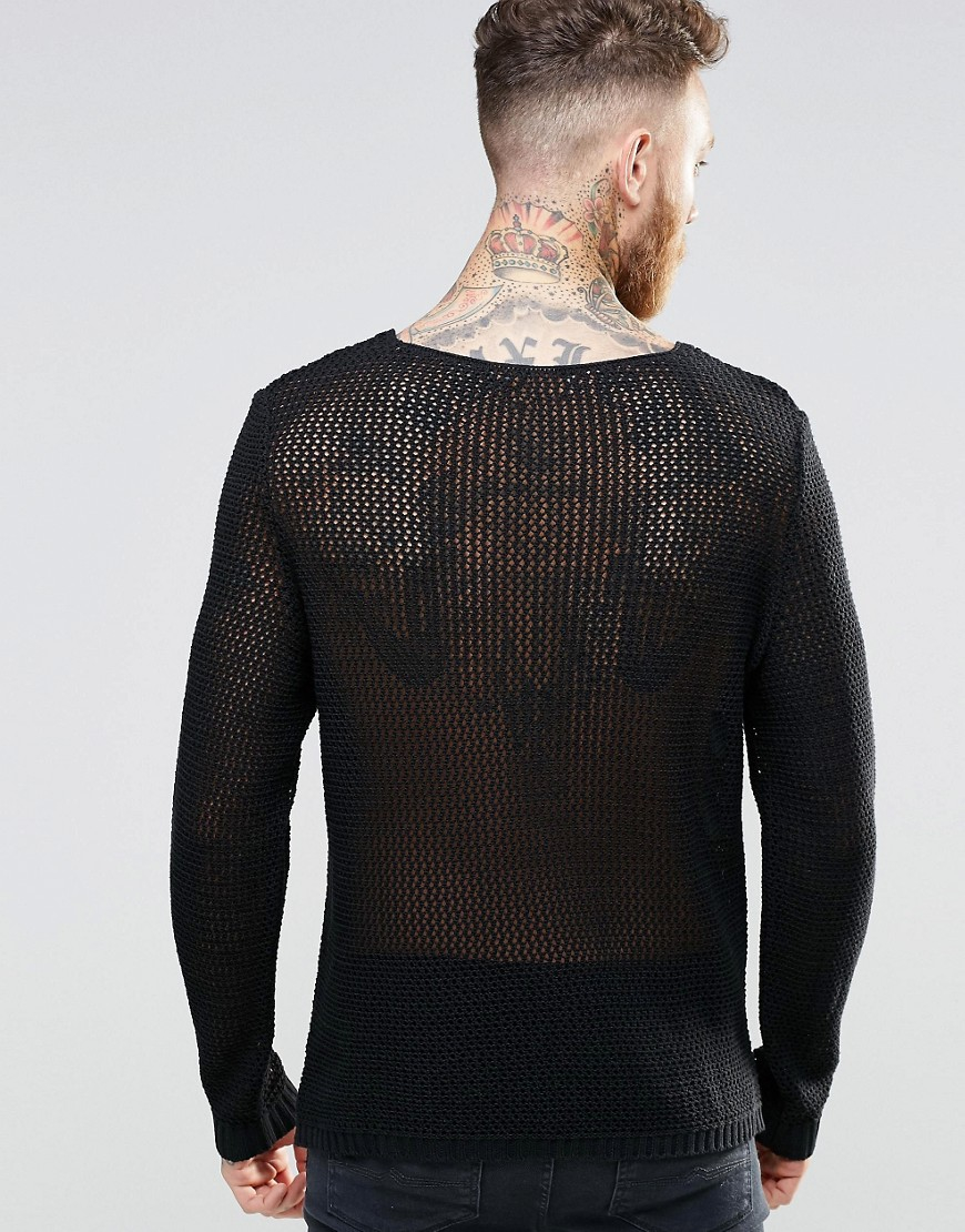 ASOS Cotton Cable Jumper In Mesh in Black for Men Lyst
