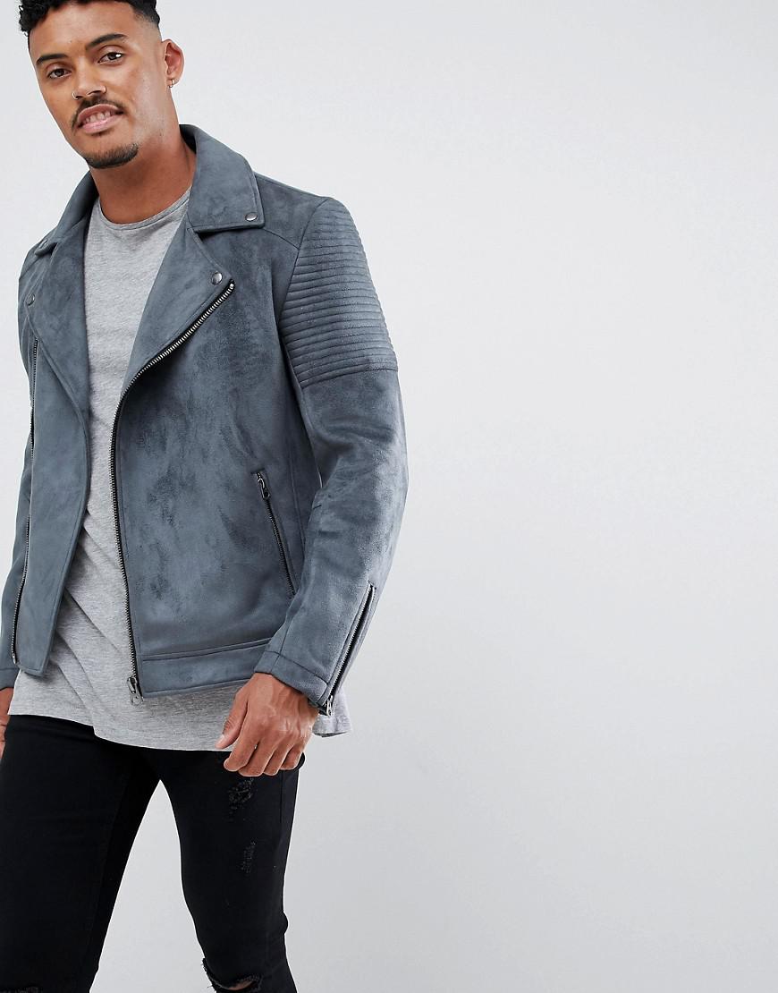 ASOS Faux Suede Biker Jacket in Gray for Men | Lyst