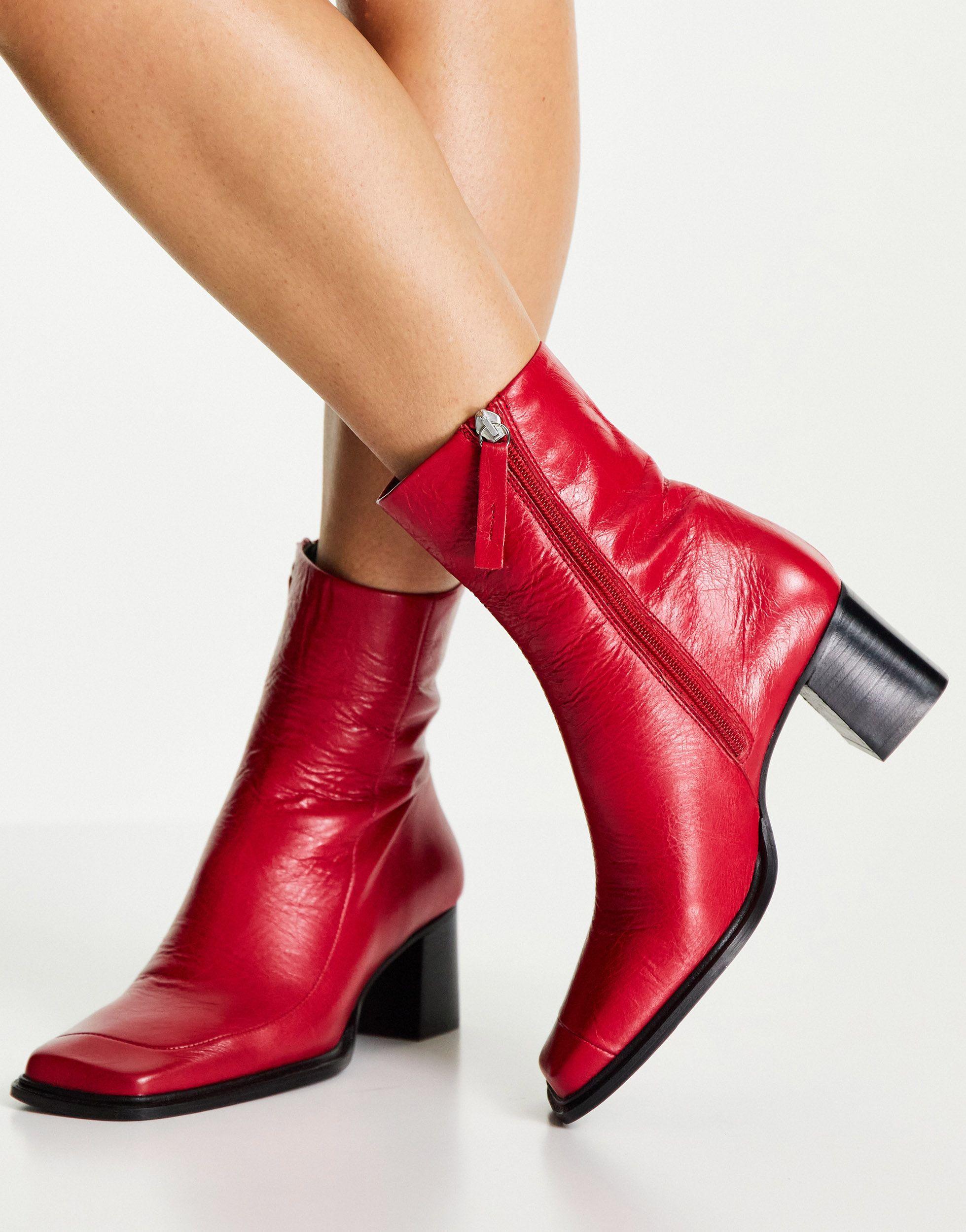 ASOS Roberta Premium Leather Square Toe Boots in Red | Lyst