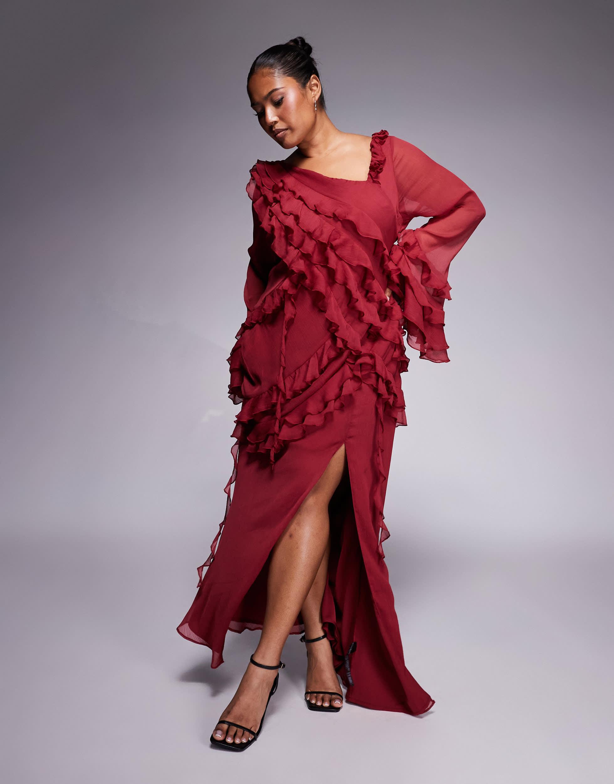 ASOS Asos Design Curve Chiffon Long Sleeve Asymmetric Tie Soft Ruffle Maxi  Dress in Red | Lyst