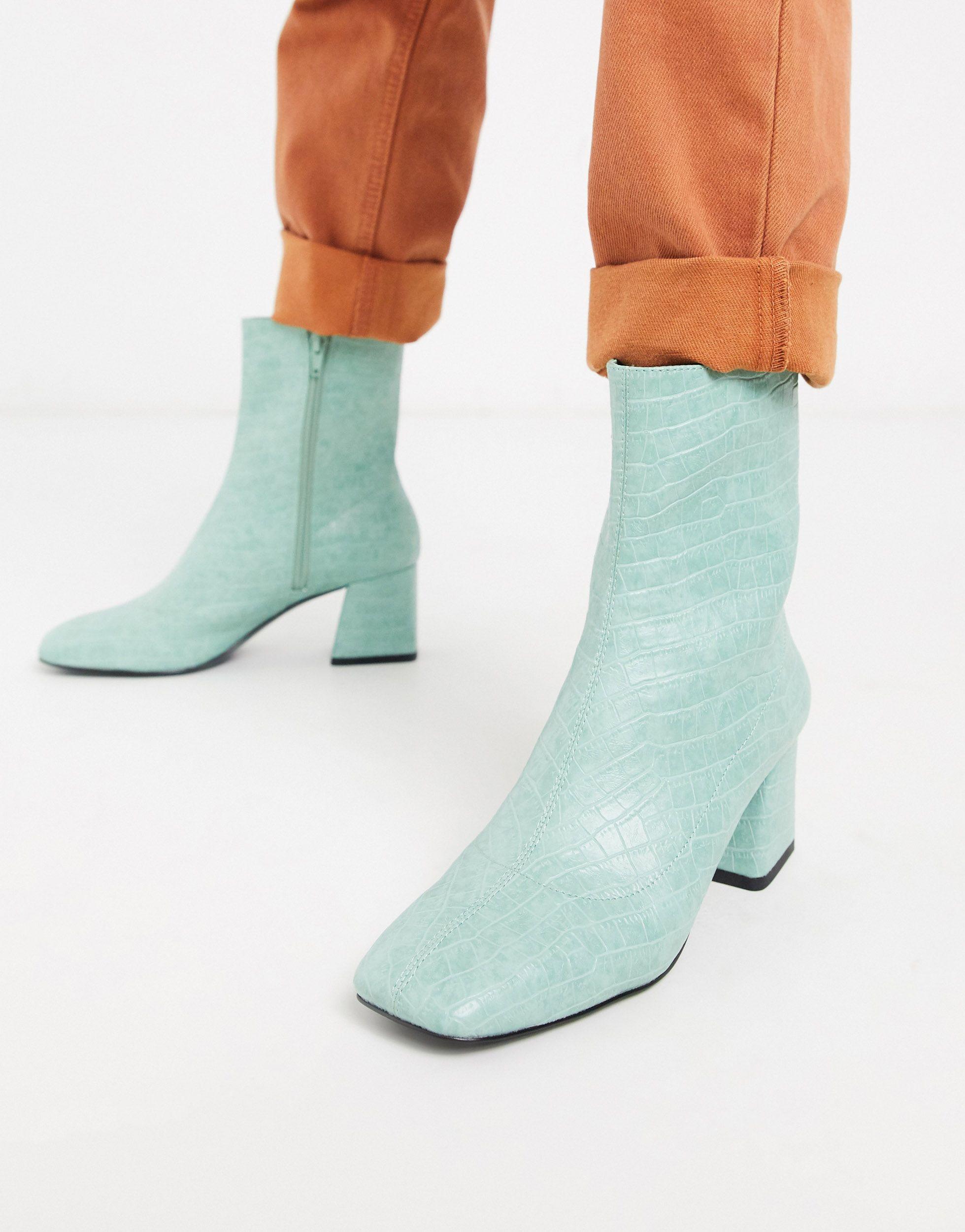 Monki Croc Print Ankle Boots With Block Heel in Green | Lyst