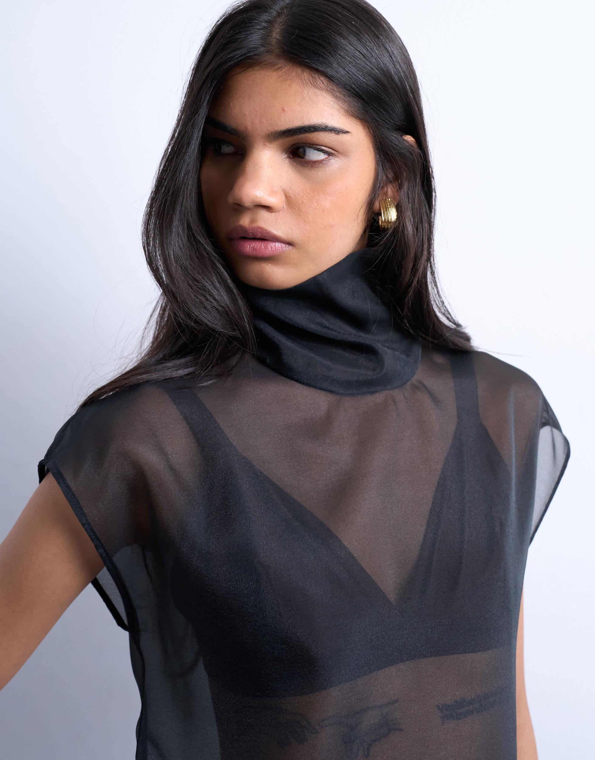 TOPSHOP Funnel Neck Sheer Organza Top in Blue | Lyst