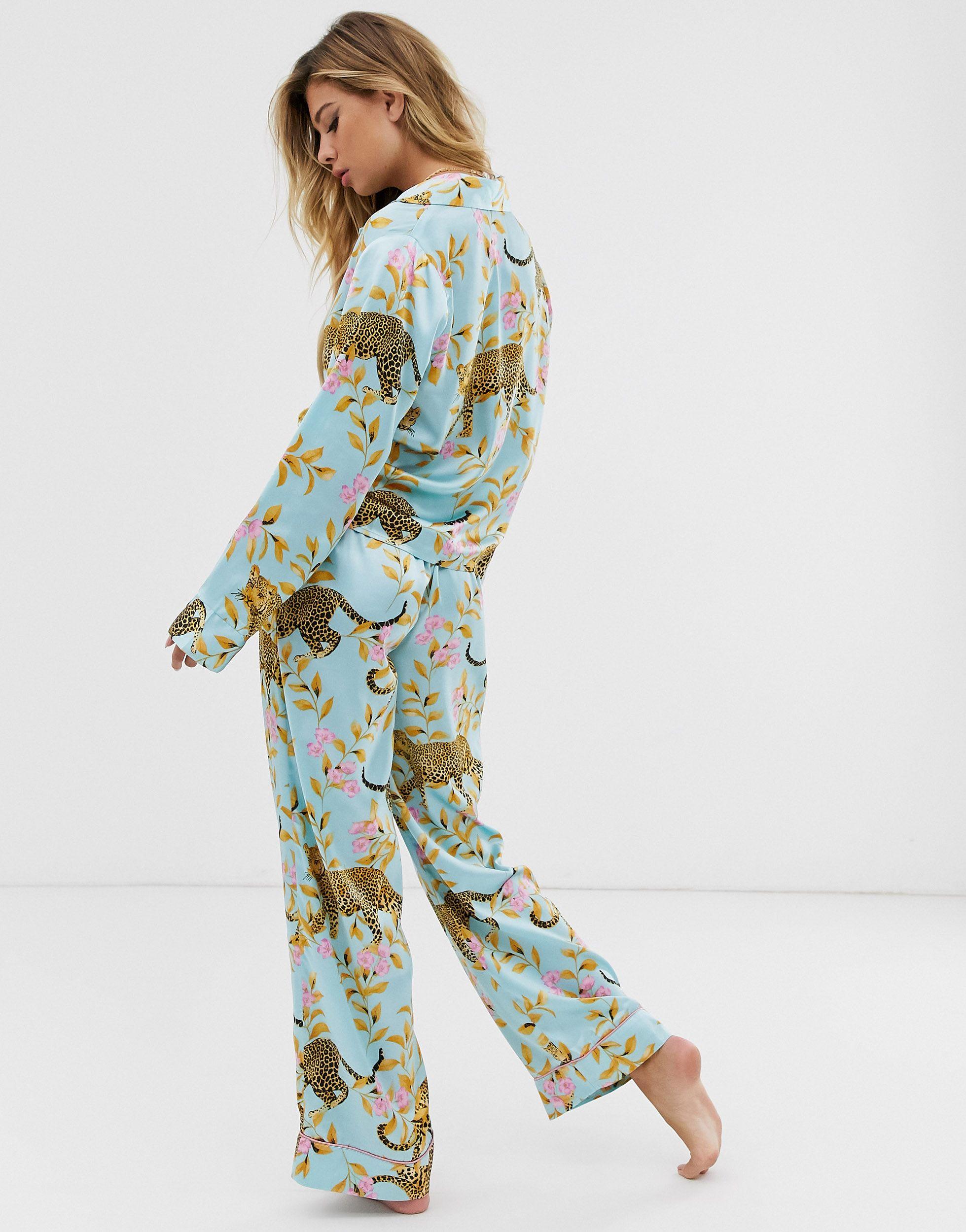 ASOS Leopard Botanical Traditional Satin Pyjama Set in Blue | Lyst