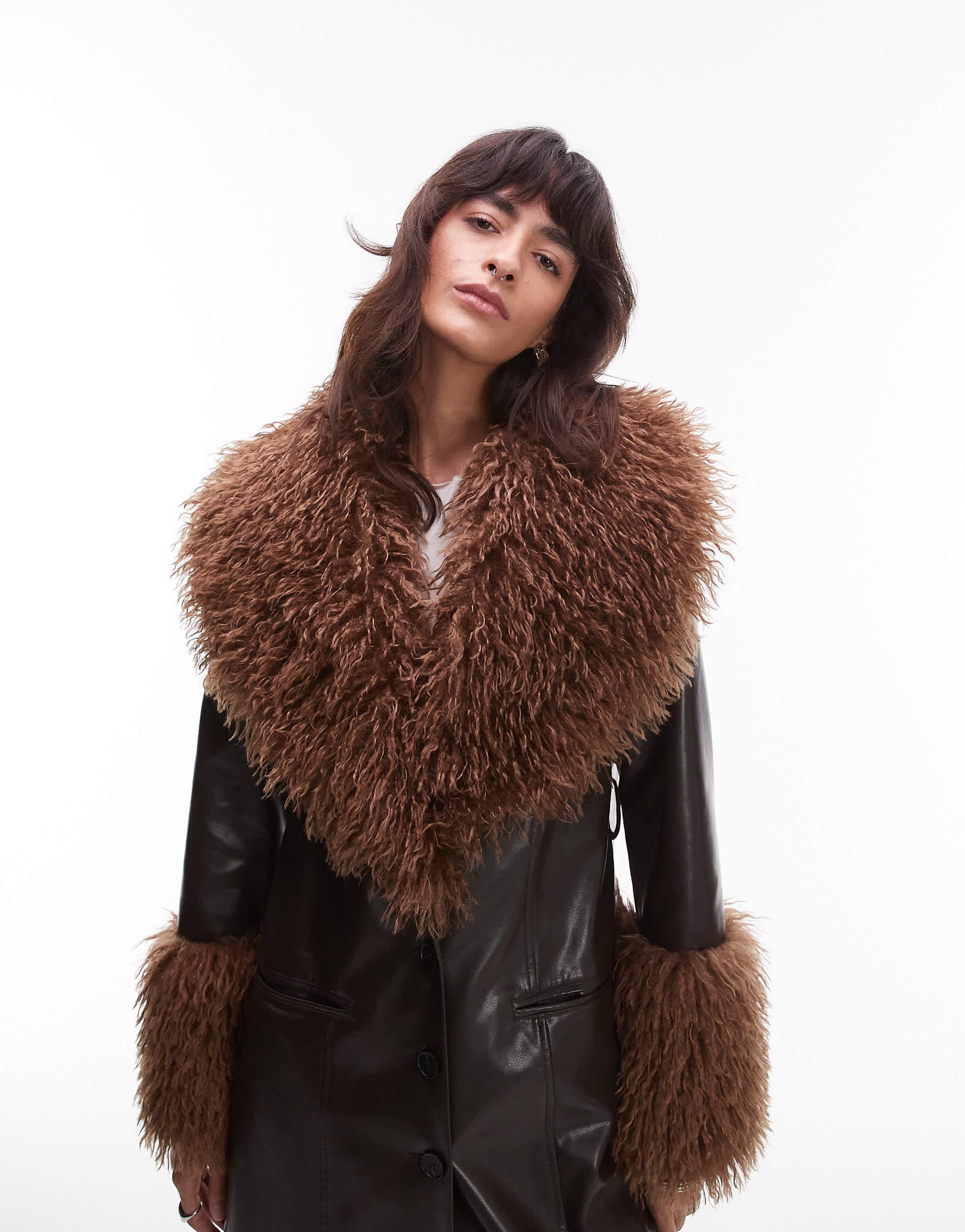 Nia Orla Faux Fur Collared Longline Jacket in Brown | Lyst