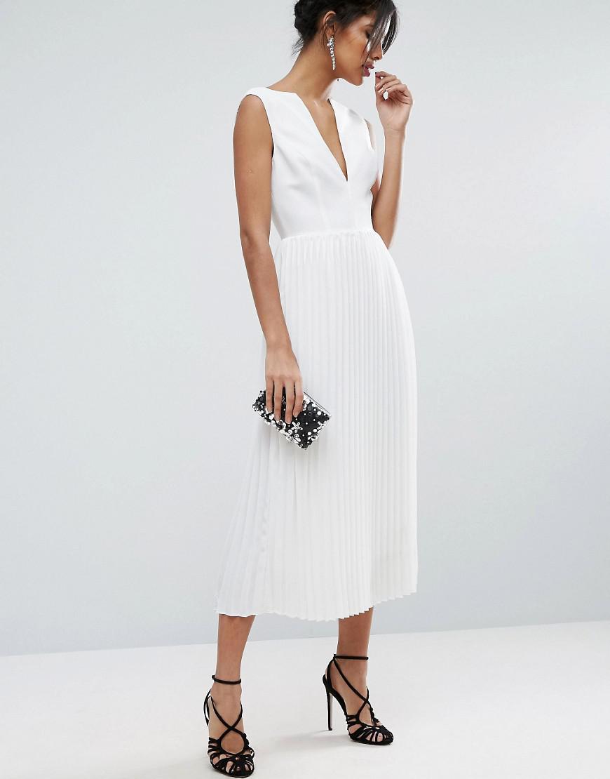 ASOS Deep V Pleated Midi Dress in White | Lyst