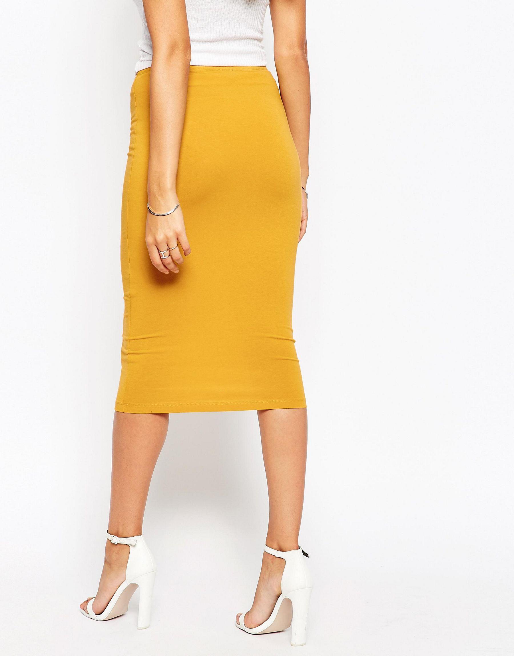 ASOS Jersey Knee Length Pencil Skirt in Mustard (Yellow) - Lyst