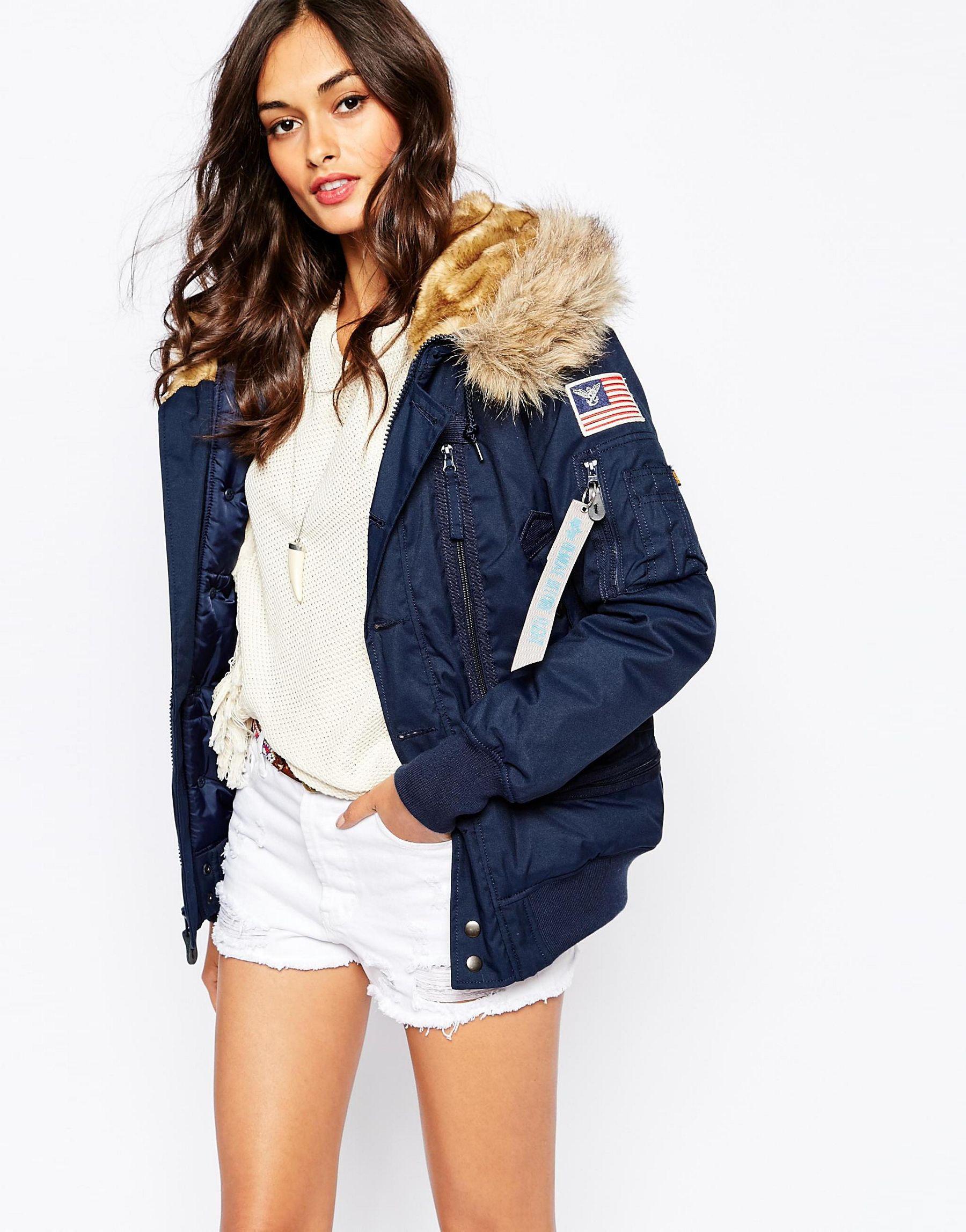 Alpha Industries Polar Hooded Bomber Jacket With Faux Fur Hood in Navy  (Blue) - Lyst