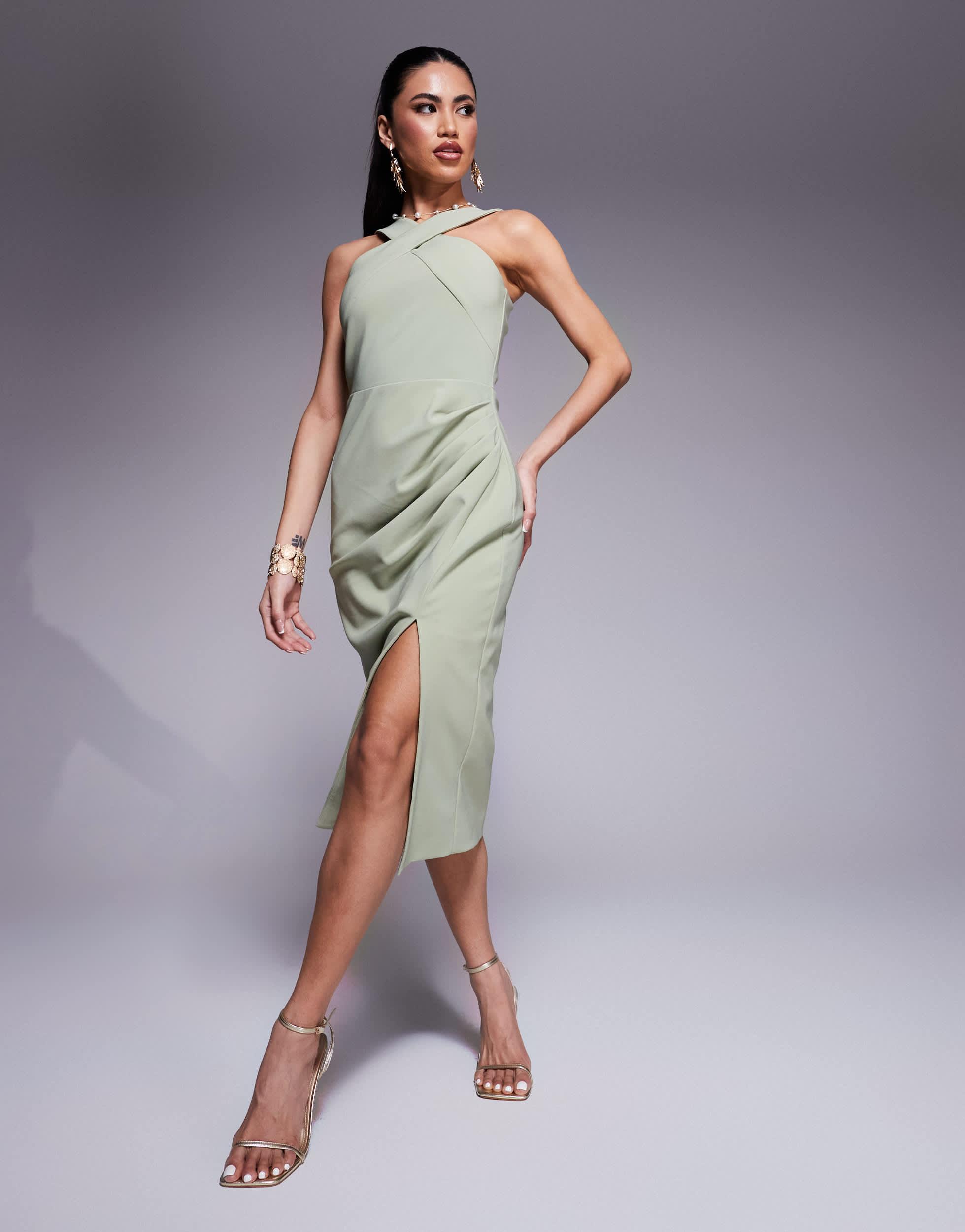 brown ikea hemnes dresser BLOSSOM Tie Shoulder Corset Midi Dress In Sage Green