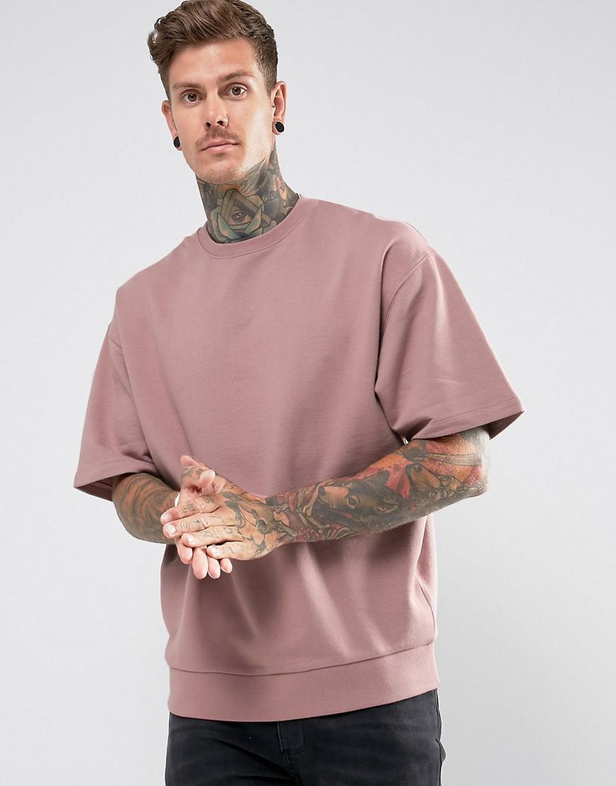 ASOS Short Sleeve Hoodie With Curved Hem in Pink for Men