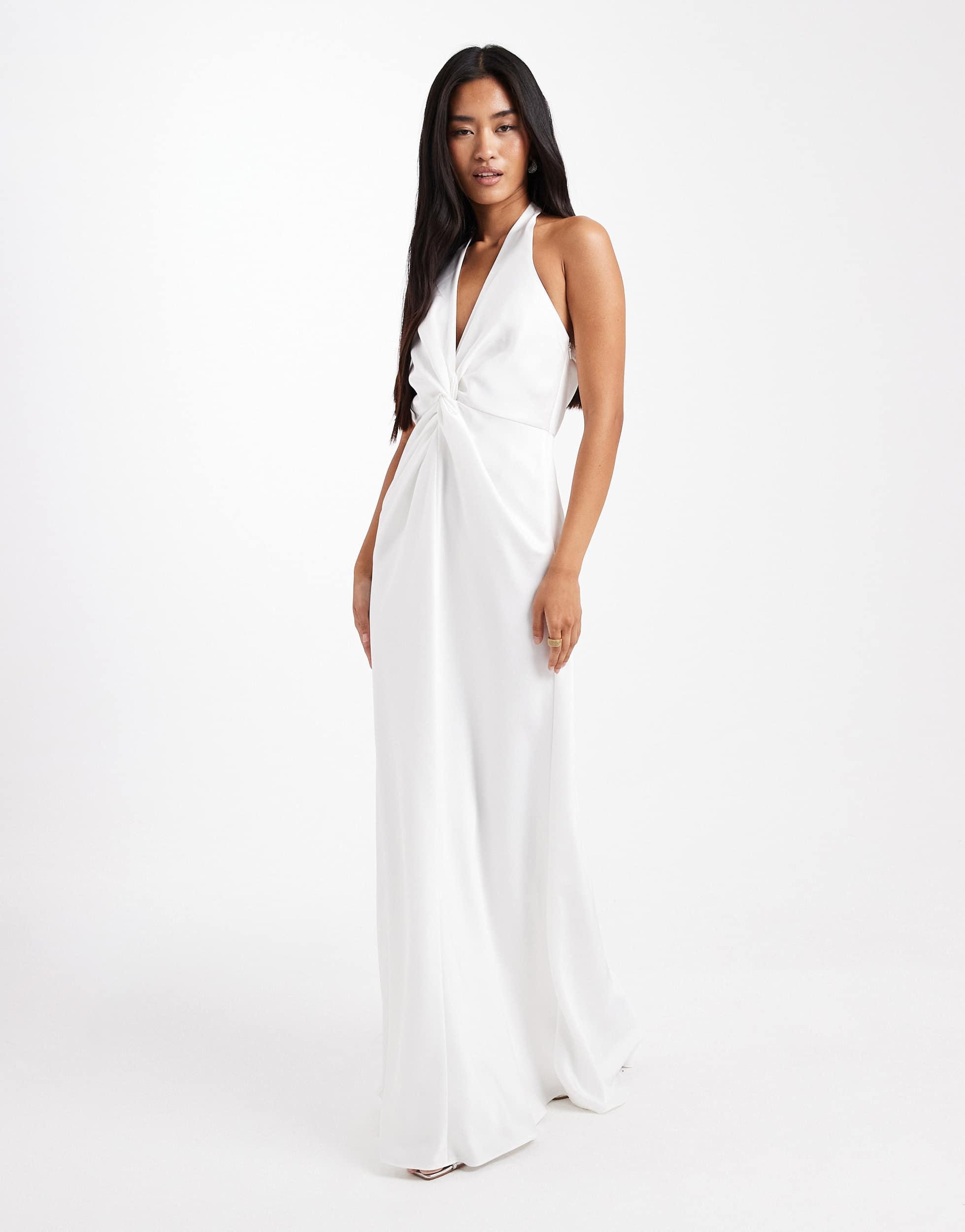 Six Stories Bridal Scarf Halter Neck Twist Front Satin Maxi Dress in White  | Lyst