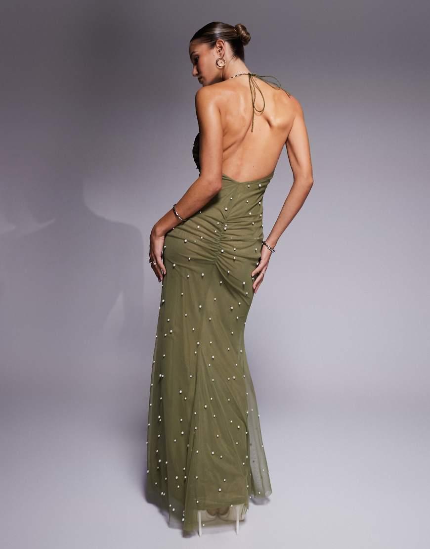 beaded slip dress Rihoas Jacquard Textured Midi with Square-Neck & Pearl-Strap, Beige / L Pisarro Nights Steel Grey Made in small batches. fabric_chiffon Size:15 1/2 x 35
