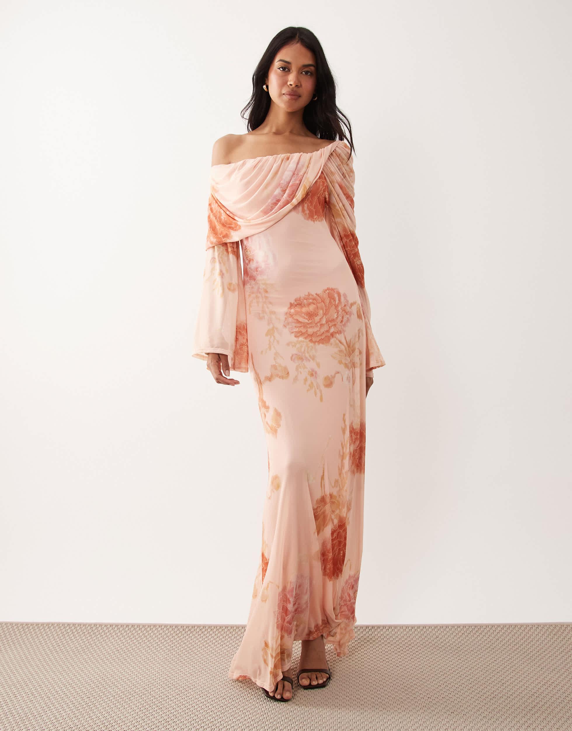asos maternity evening dress ASOS DESIGN Maternity v-neck angel sleeve pleat midi dress with all over embroidery in lilac